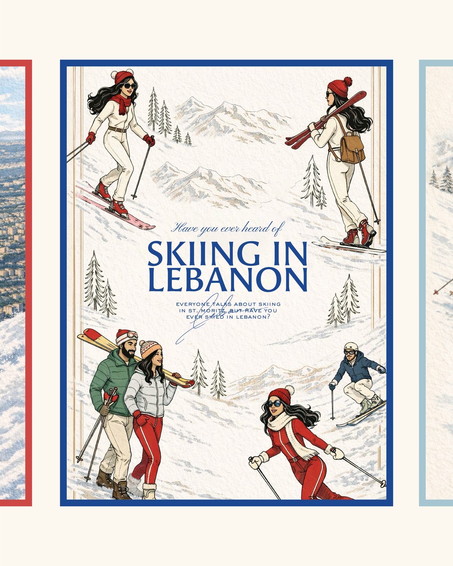 People don’t usually think of Lebanon when they think of skiing, but maybe they should. You can actually ski in the mountains and swim at the beach on the same day! Lebanon is truly one of a kind geographically.
With ski resorts officially opening just last weekend, our designer Chelsea brings this story to life through the most beautiful visuals. Take a look. 🤍⛷️❄️🏔️