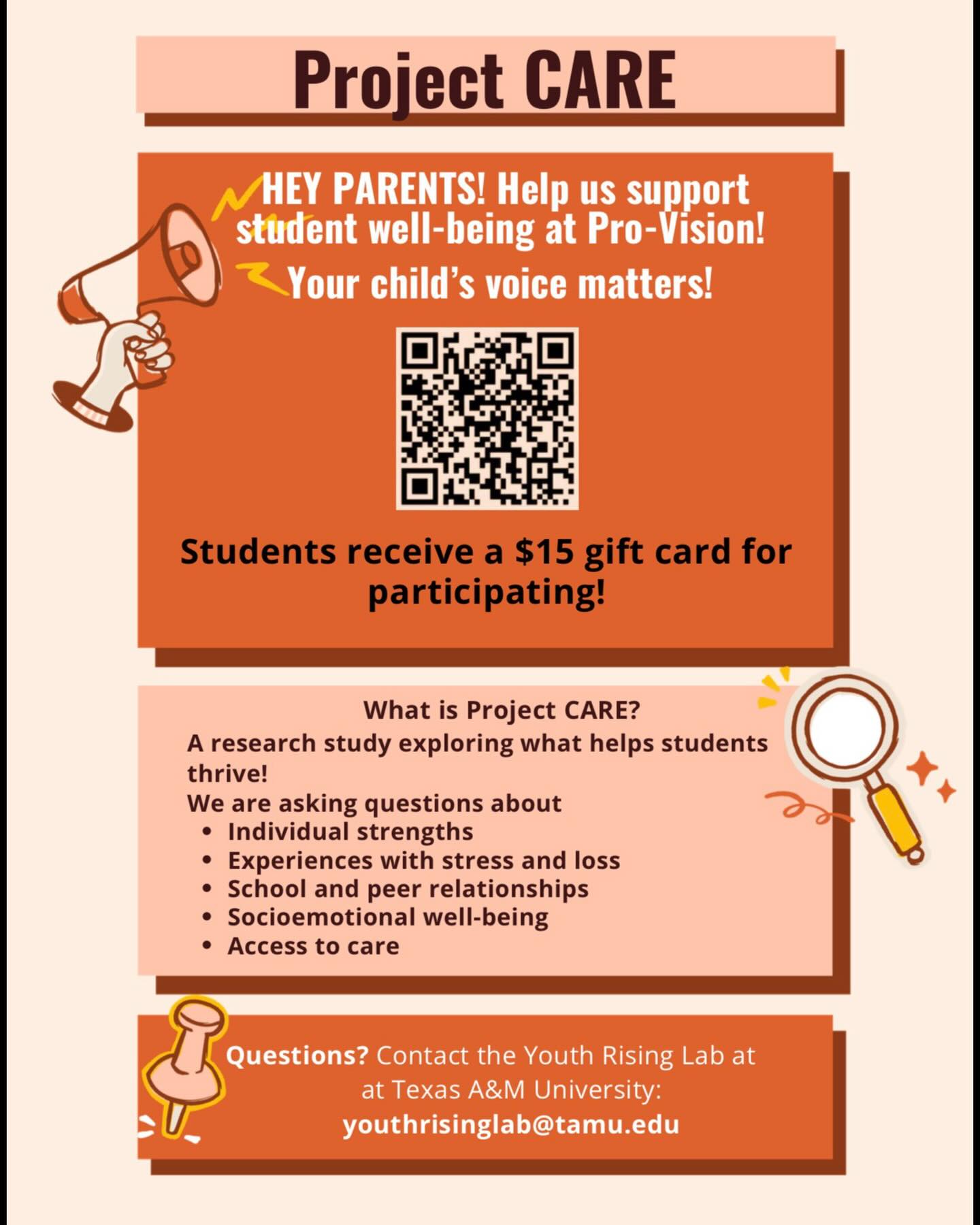 Pro-Vision Academy is partnering with Texas A&M University to better understand how school, peer, and community experiences impact students’ emotional well-being and academic success.
All students in grades 6–12 are invited to participate in this confidential, voluntary research study.
Please review and submit the consent form if you agree.
Thank you for supporting student growth and well-being!