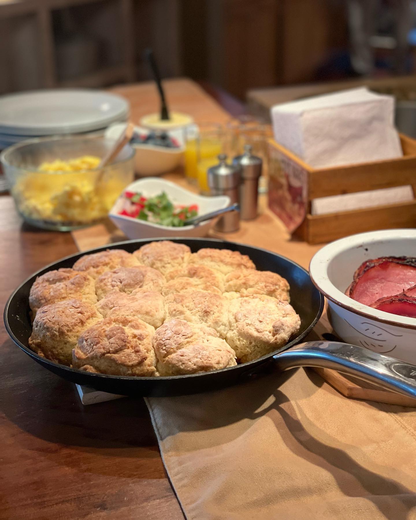I’ve spent so much time perfecting this biscuit recipe, and now it’s my favorite way to start a weekend morning! 🧈✨The best part? You can freeze them so you don’t have to wake up and make a mess on weekend mornings - or enjoy a warm, homemade biscuit on the go anytime. Here’s how I make them:
Biscuits:
4.5 Cups All Purpose Flour + More for dusting
1 tablespoon baking powder
1 tablespoon baking soda
1 tsp sea salt or kosher salt
2 sticks cold salted butter
2.5 cups buttermilk
Whisk the dry ingredients in a food processor, then cut in the very cold butter. Transfer to a bowl and make a well in the center. Add the buttermilk and mix quickly until a loose dough forms. Turn the dough out onto a floured counter and form into a square. Cut biscuits carefully (don’t twist the cutter!) and place them in a skillet. Bake at 400°F for 25–30 min. Enjoy and tag me in any pictures of your recreations!
#homemade #biscuits #mom #cooking #recipe
