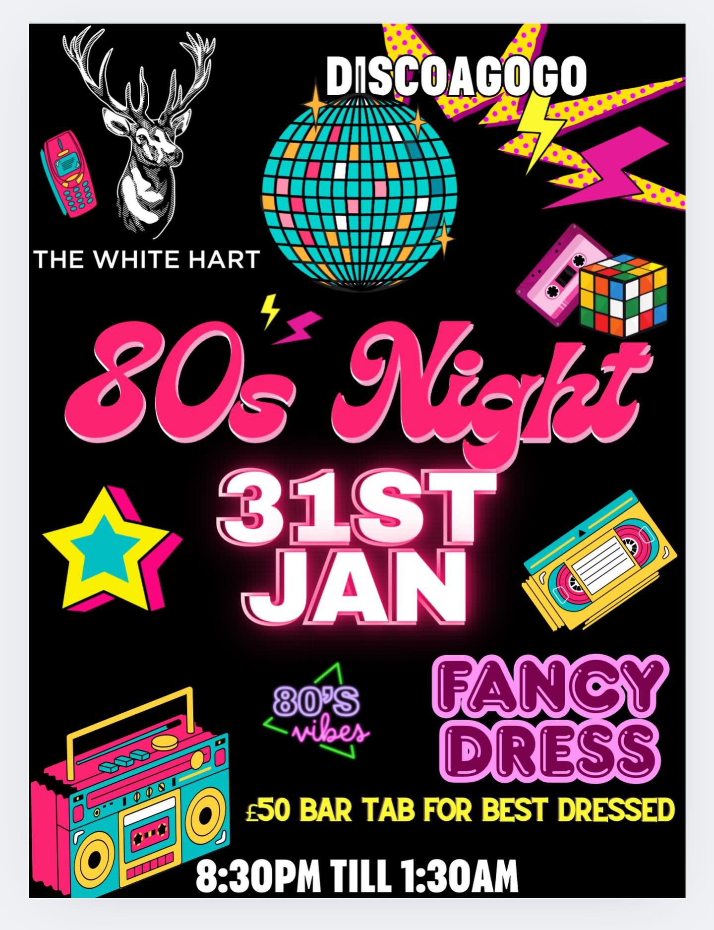 Let’s go back to the 80s. Fancy dress party £50 bar tab to best dressed with @discoagogo_official 31st January from 8:30 till 1:30am #crawleywestsussex #crawley #gatwick #publife