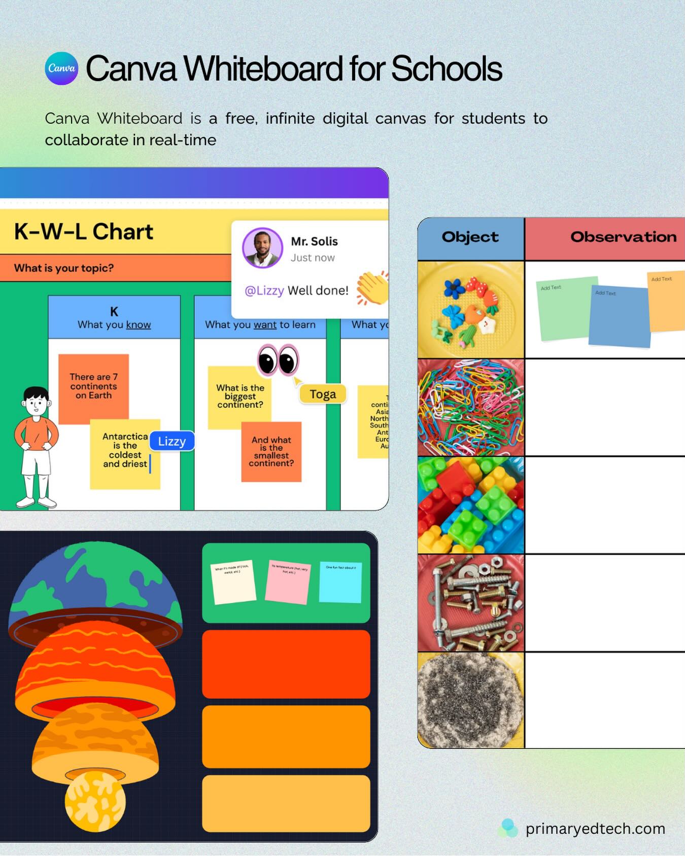 One shared space. Endless ideas. ✍️💬
Canva Whiteboard gives students a free, infinite canvas where they can collaborate in real time — perfect for thinking, planning, and learning together.
Great for:
• K-W-L charts & brainstorming
• Group investigations
• Sorting, classifying & observing
• Live feedback and sharing ideas
Simple to set up. Powerful for collaboration.
#canvaeducation #canvawhiteboard #collaborativelearning #studentvoice #primaryteachers