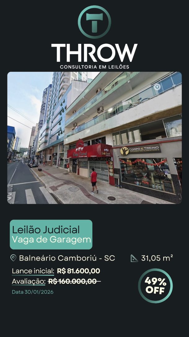 Garagem em Balneário Camboriú, em localização central e altamente disputada.
Unidade no Edifício Garagem Rigon, no coração da cidade, onde vagas são cada vez mais escassas.
Avaliada em 160.000, com segundo leilão a partir de 81.600, um ponto de entrada muito abaixo do valor praticado na região.
Um ativo simples, direto e com demanda constante.
🔗Fale conosco pelo direct ou clique no link da bio e veja como arrematar imóveis em leilão com segurança, rentabilidade e o suporte completo da Throw Leilões.
#ImóvelEmLeilão #BalneárioCamboriú #InvestimentoImobiliário #ThrowLeilões #Garagem LeilãoDeImóveis