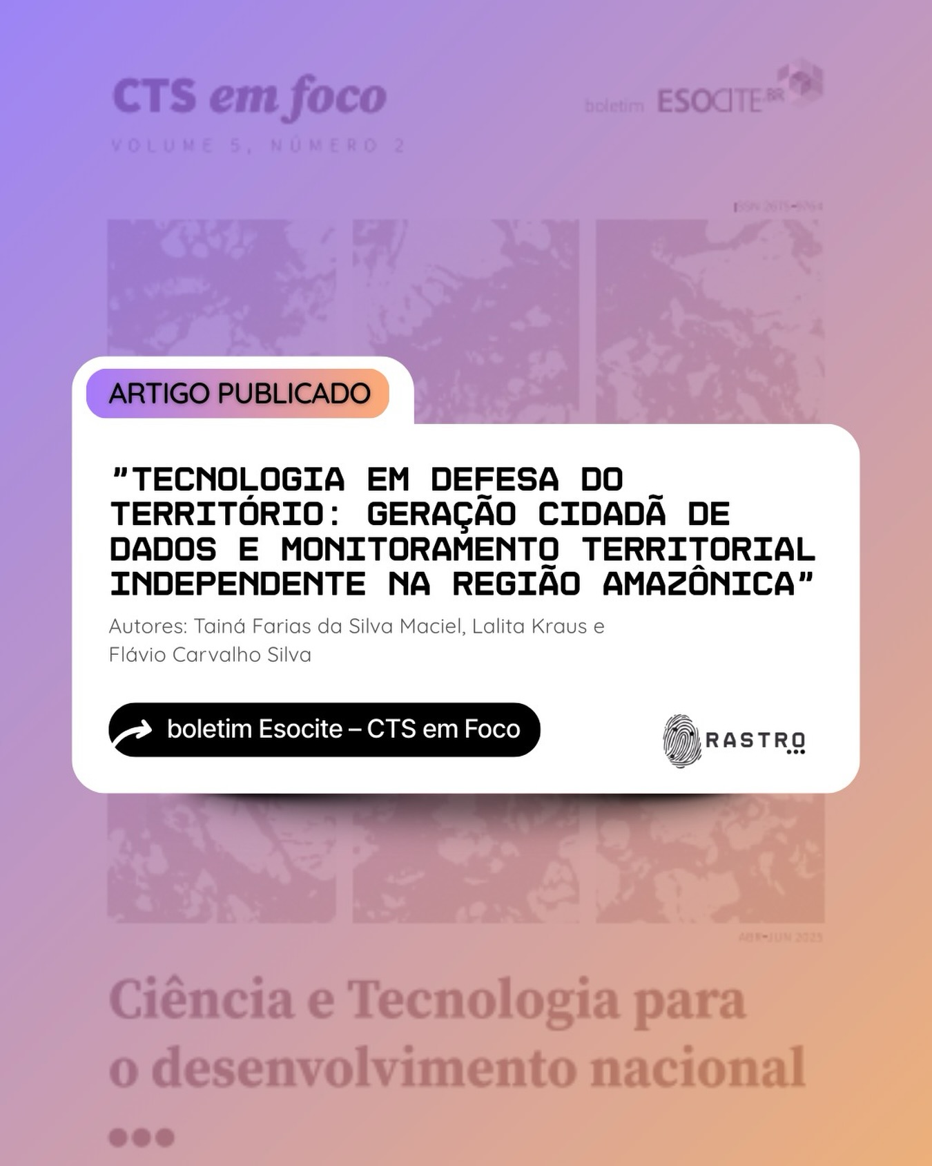 No boletim Esocite – CTS em Foco, saiu o artigo:
“Tecnologia em defesa do território: geração cidadã de dados e monitoramento territorial independente na região Amazônica!, de autoria de Tainá Farias da Silva Maciel, Lalita Kraus e Flávio Carvalho Silva
O estudo explora iniciativas de resistência tecnopolítica em meio ao colonialismo digital, destacando como comunidades amazônicas utilizam a tecnologia para gerar dados próprios e monitorar seus territórios de forma independente.
🔗 PDF disponível no link da bio
#Tecnologia #Amazônia #CidadaniaDigital #MonitoramentoTerritorial #ColonialismoDigital ResistênciaTecnopolítica Esocite CTSemFoco