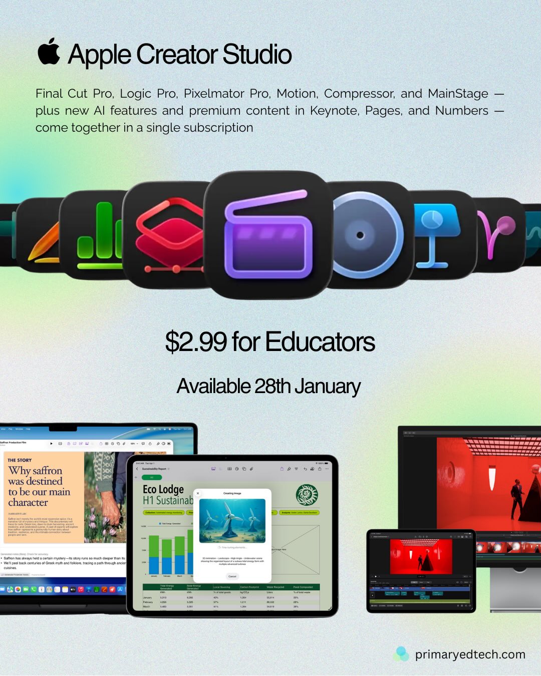 Ok… this is VERY exciting 🍎
Apple Creator Studio brings pro-level creative tools into a single subscription — and it’s just $2.99 for educators.
That means:
• Final Cut Pro for video
• Logic Pro for music & audio
• Pixelmator Pro for design
• Motion, Compressor & MainStage
• PLUS new AI features and premium content in Keynote, Pages & Numbers
This seriously lowers the barrier for high-quality creativity in schools — for teachers and students.
Available 28th January 👀
I’ll definitely be diving into this.
#appleedu #edtech #creatorstudio #appleteacher
