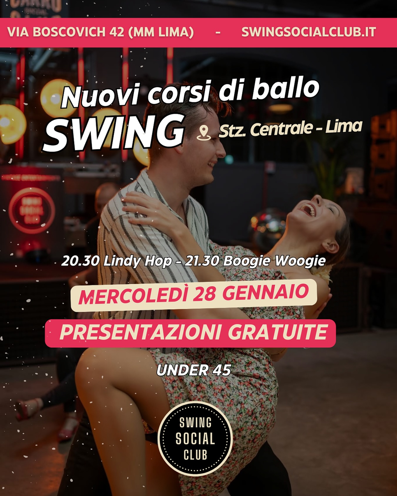 Breaking news! โผ๏ธ
๐ฅNuovi corsi Swing in CENTRALE MILANO๐ฅ Lindy Hop e Boogie Woogie Principianti ๐ฅ Under 45
Il MERCOLEDร SERA 28 Gennaio in Via Ruggero Boscovich 42 (MM LIMA - CENTRALE) !
PRENOTA IL TUO POSTO ALLA PRESENTAZIONE GRATUITA (link in bio): puoi registrarti sul nostro sito swingsocialclub.it
Per maggiori informazioni non esitare a contattarci a swingsocialclub@hotmail.com oppure ๐ฒ 3208622726
#neverstopbouncing #lindyhop #boogiewoogie #milano #swingmilano #swingdance #swingdanceschool