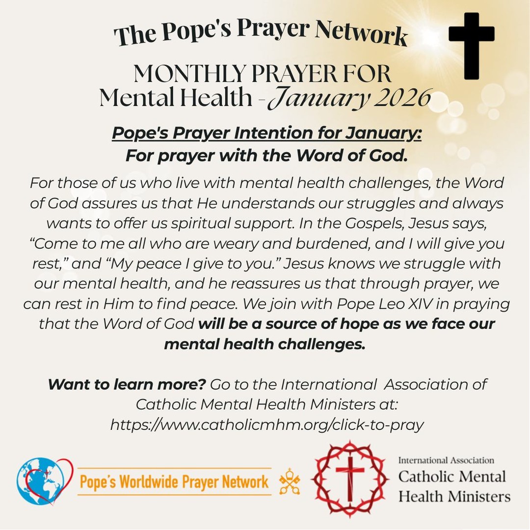 Mental Health Ministry Minute
We pray that mental health ministry becomes an integral ministry in the Church that is available in every Catholic parish and community. We pray for the elimination of the stigma and discrimination that people living with a mental illness encounter.