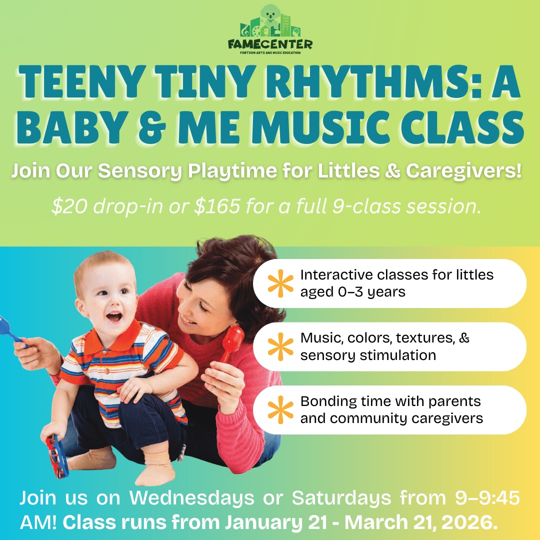 FAME is excited to announce our new early childhood class: Teeny Tiny Rhythms: A Baby & Me Music Class!
🎟️ Registration in our bio, spots filling up quickly!
Through songs, simple instruments, and interactive activities, little ones (and their grown-ups!) can explore music together while building early listening, coordination, and joyful connection.
Ages: 0–3
Wednesdays or Saturdays
9:00–9:45 AM
January 21 – March 21
💵 $20 drop-in | $165 full 9-session class
📍 1319 S. State St. | Free Parking
We’d love to have you join us for a musical journey made just for our youngest artists! Registration fills up quickly so don’t miss your moment to sign up.