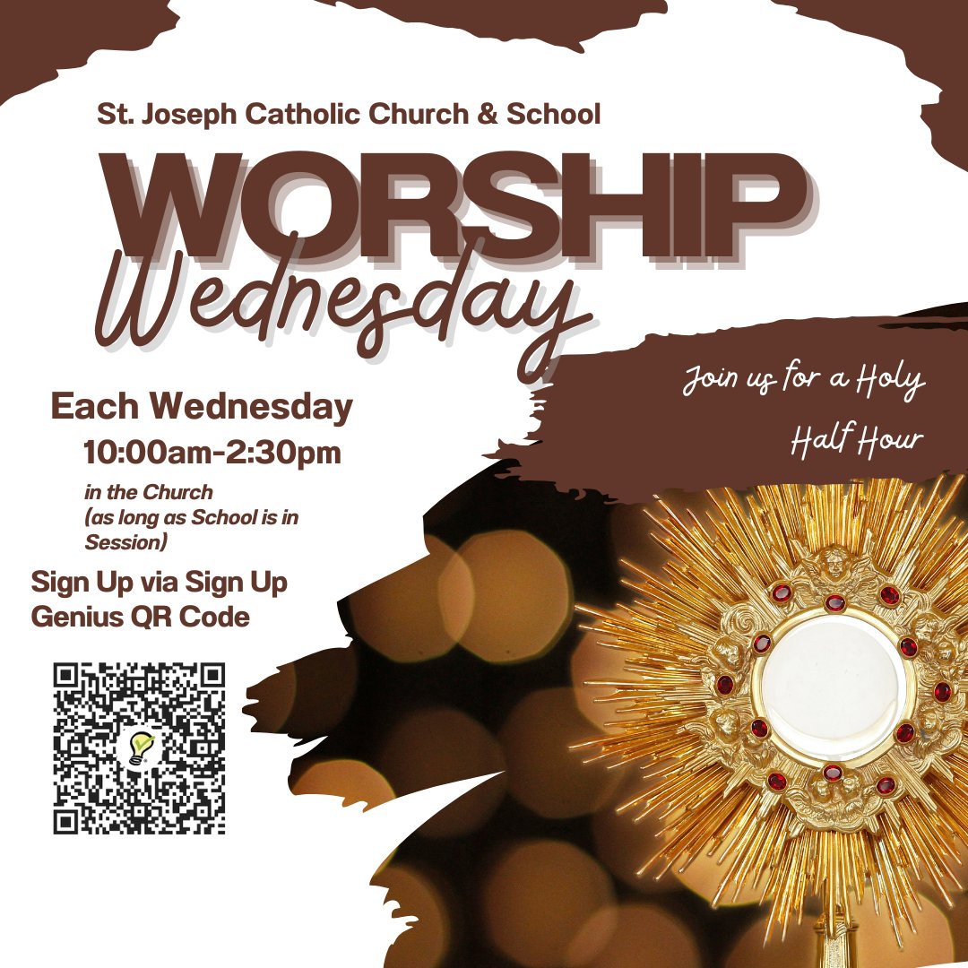 Have some free time in your schedule today? Stop on by Worship Wednesday for a Holy Half Hour and spend some time in front of the Blessed Sacrament. To sign up, please use the link below:
https://www.signupgenius.com/go/10C0E4CABA629A7FCC52-51936950-worship#/