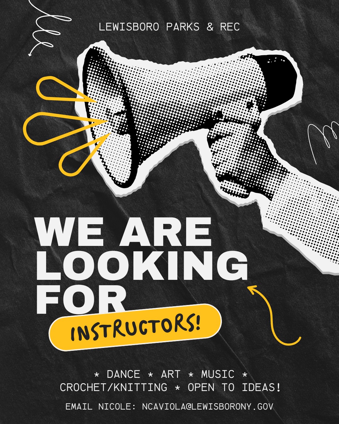 📢 Calling all instructors! We are looking for new instructors to join our team & add to our current offerings. Please contact Nicole Caviola with your interest: ncaviola@lewisborony.gov. We hope to hear from you soon!