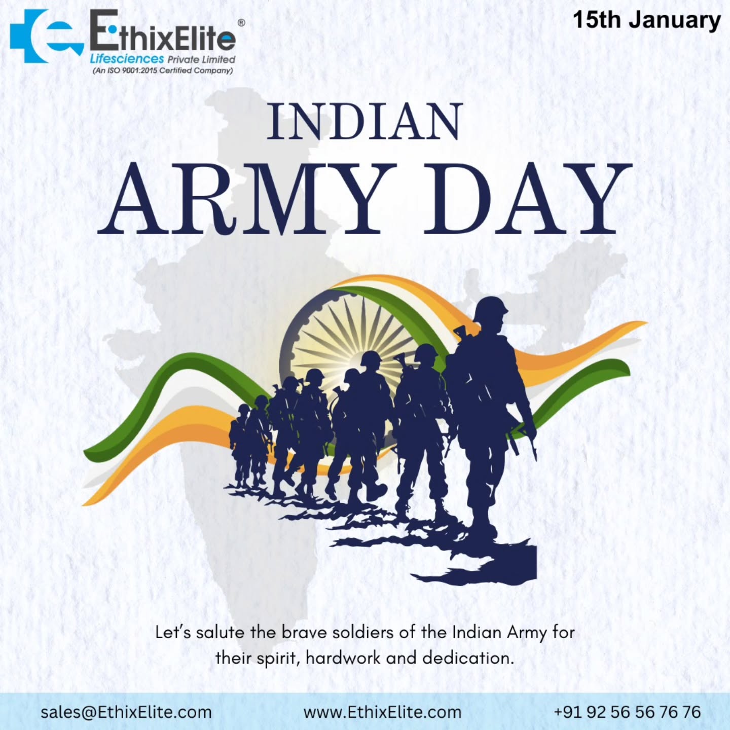 Saluting the real heroes of our nation 🇮🇳
On Indian Army Day, we honor the courage, sacrifice, and unwavering dedication of our brave soldiers who protect our borders and our future.
Your strength inspires us every day.
Jai Hind! 🫡🇮🇳
— EthixElite Lifesciences Private Limited
#IndianArmyDay #SaluteToSoldiers #JaiHind #ProudIndian #IndianArmy