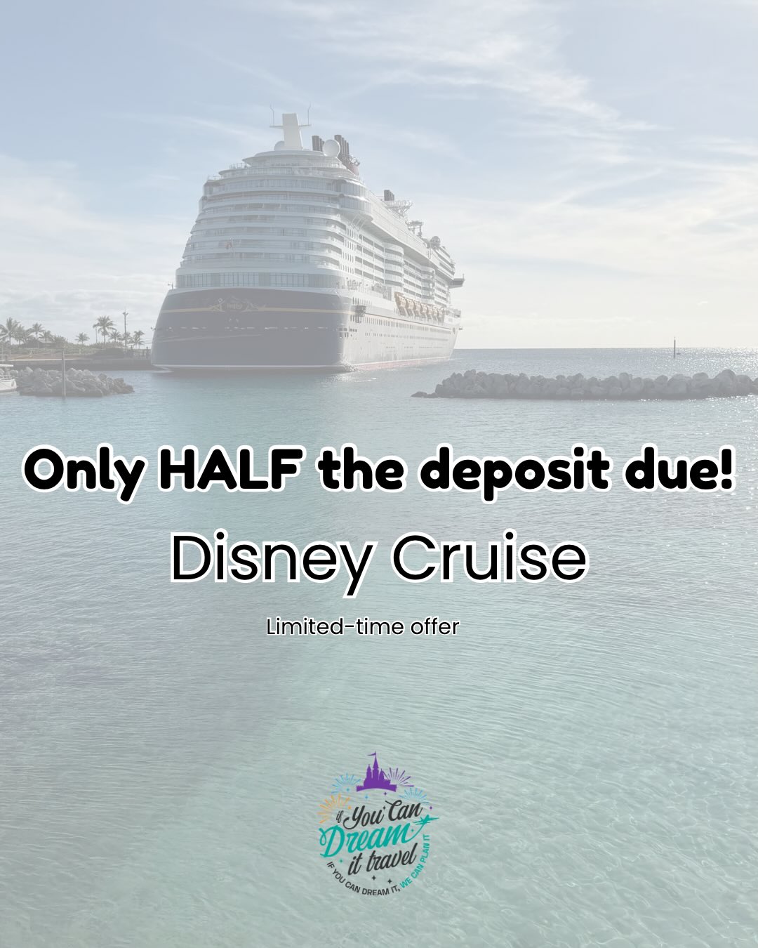 🚨 Last call for this Disney Cruise deal! 🚨
If a Disney Cruise is on your 2026 or 2027 wish list, this is your sign to book NOW. This promo lets you lock in your cruise with only HALF the deposit due, and it ends TOMORROW (January 18).
✔️ Book by January 18
✔️ Valid on select sailings March 2026–May 2027
✔️ Available on most Disney ships
✔️ Remaining balance due at final payment
This is one of the easiest ways to secure your cruise before prices and availability change.
💬 Message us TODAY with your dates or destination and we’ll check availability before the promo ends!
Valid on new reservations only. Offer applies to select sailings.