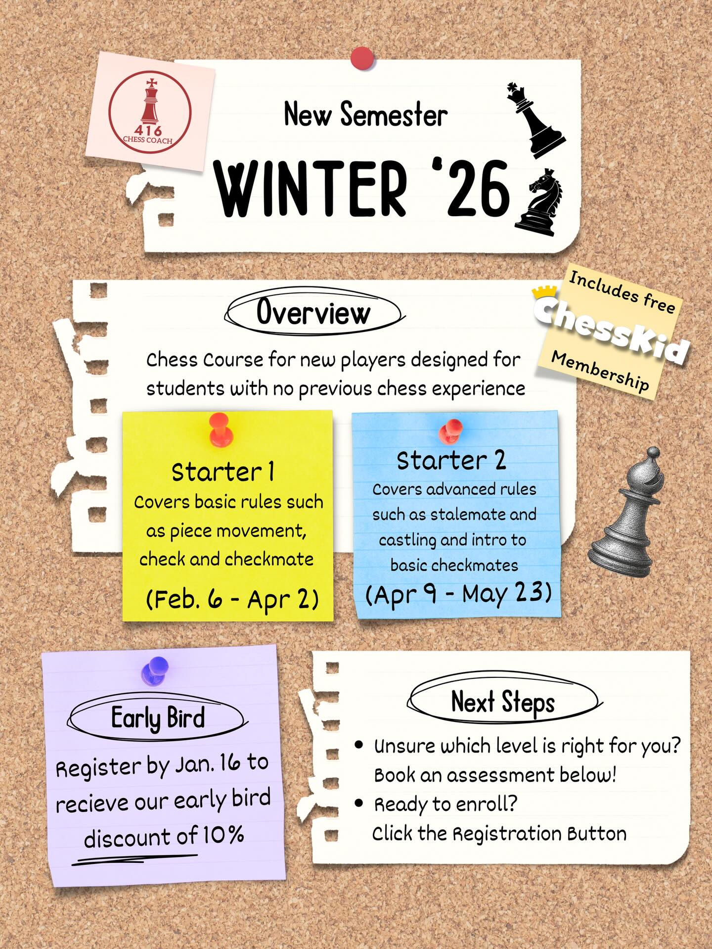 Our new Chess Starters Semester is about to begin! February 6th kicks off our Winter 2026 program and spots are filling up fast! Here’s some key information to help you make the best moves this year!
Comment below and we can send you our package with scheduling and pricing!