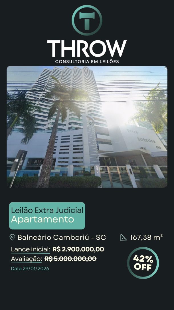 Apartamento desocupado na Avenida Atlântica, Centro de Balneário Camboriú.
Localização consolidada, a poucos metros do mar, em um dos endereços mais valorizados da cidade.
São 167 m² privativos, planta ampla, 3 dormitórios com suíte e 1 vaga de garagem.
Imóvel pronto para uso, sem ocupação.
Avaliação: R$ 5.000.000,00
Lance inicial em leilão: R$ 2.900.000,00
Possibilidade de pagamento parcelado, com 40% de entrada e saldo em 18 parcelas corrigidas pela SELIC.
Importante, o lance parcelado prevalece sobre o lance à vista, conforme regras do leilão.
🔗Fale conosco pelo direct ou clique no link da bio e veja como arrematar imóveis em leilão com segurança, rentabilidade e o suporte completo da Throw Leilões.
#ImóvelEmLeilão #BalneárioCamboriú #AvenidaAtlântica #InvestimentoImobiliário #ThrowLeilões LeilãoDeImóveis