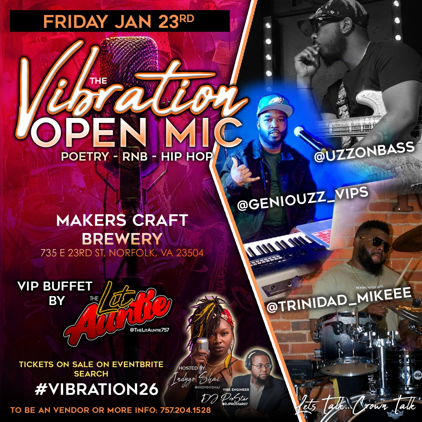 The Band Line Up for This Friday is Crazy for #Vibrations26 Do you have your Ticket yet. @uzzonbass on the Bass @geniouzz_vips On The Keys and @trinidad_mikee on The Drums