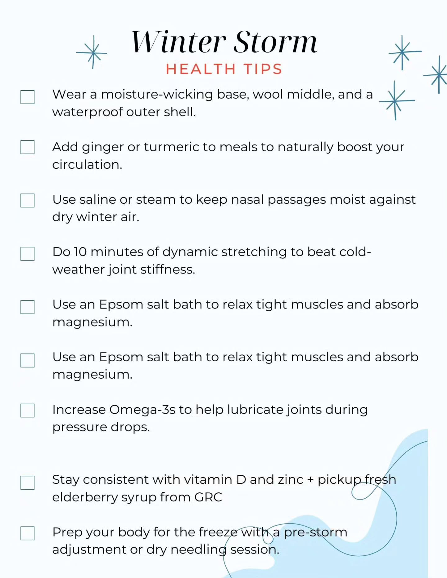 We've apparently got a winter storm on the way! 🧊
Here is your Grass Roots Survival Guide to staying healthy in the extreme cold.
Stop by for elderberry 🫐 & a bath soak 🧖♀️ from @mendedwithnatureok and pepper products 🌶️ from @qscrops to keep you warm
Book online at grassrootschiropractic.janeapp.com
🌱