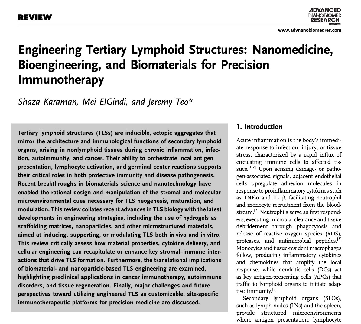 So fitting that is was mlk day recently, "I have a dream". LIBRA's first publication was a review on rebuilding, reconstructing lymphoid tissues (https://doi.org/10.1002/adhm.201801126). We recently scratched the surface of that itch, that dream, by #tissueengineering, reverse engineering a 3D collagen #hydrogel -scaffolded functional lymphoid tissue using #stemcell-derived fibroblastic reticular cells and SARS-COV-2 S protein challenged dendritic cells, supported by peripheral blood mononuclear cells; engineered lymphoid tissues capable of producing antibodies (https://doi.org/10.1002/advs.202513245). So many potential applications have been unlocked! From precision medicine, creating personalized patient specific functional lymphoid tissues, to parallel coupling with other #organonchip platforms to study organ-immune cross talk, to investigative mechanistic studies - like the role of tertiary lymphoid structures in the cancer setting. Truly exciting times await!
In this invited manuscript, Shaza (PhD Candidate - Biomedical Engrg) reviews engineered directions to develop lymphoid tissues in vitro and in vivo (https://doi.org/10.1002/anbr.202500220). Keep up the good work team!
#termis #tissueengineeringandregenerativemedicine #biomaterials #immunology #proudpi