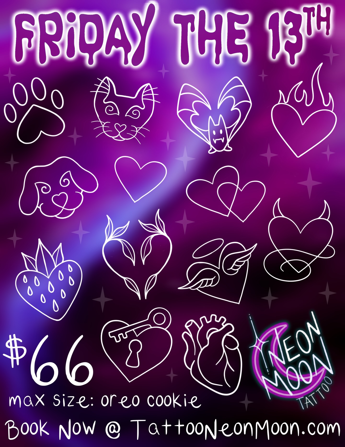 ❤️ Valentine’s Friday the 13th Flash ?
The first of 3 this year ?
Join us Friday, Feb 13th
✨ Flash Sheet Options as Shown ✨
Outline Only $66
(paid online when booking)
Add Color or Shading +$30
(paid in shop)
? Size: Oreo cookie
All designs are heart-themed ?
? Book now at TattooNeonMoon.com
Select the Friday the 13th Event ?
Scroll to the bottom of the booking page ⬇️
⚠️ Special Event Policies
No reschedules. Can’t make it? Let us know to free your slot. One person per slot. One tattoo per person. Deposits are non-refundable. No late arrivals. Check back to see if any time slots have opened as my scheduler only shows times next to other appointments to avoid gaps in my day. ?
#FridayThe13th #FridayThe13thTattoo #Hearttattoo #FlashTattoo #superstitious