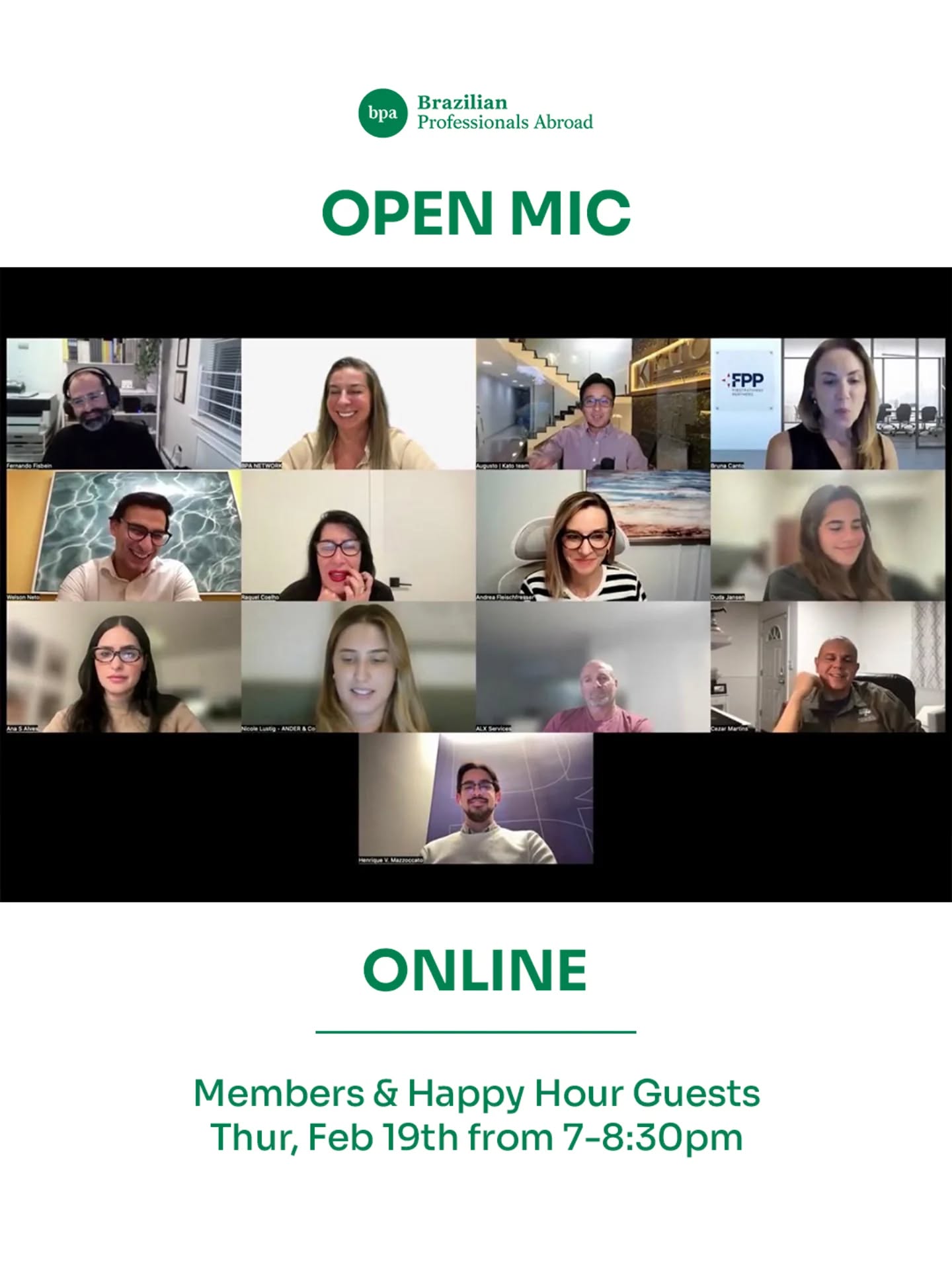 Expect inspiring conversations, valuable insights, and the vibrant BPA energy you already know and enjoy!
📅 Next Event (Online Members & Happy Hour Guests – Open Mic):
🗓 Thur, Feb 19th | ⏰ 7–8:30 PM
👉 Save your spot now, LINK IN BIO 👈
Let’s connect, collaborate, and grow, one conversation at a time.
.
.
.
#BPAAtlanta #OpenMic #NetworkingEvent #BrazilianProfessionals #ProfessionalGrowth