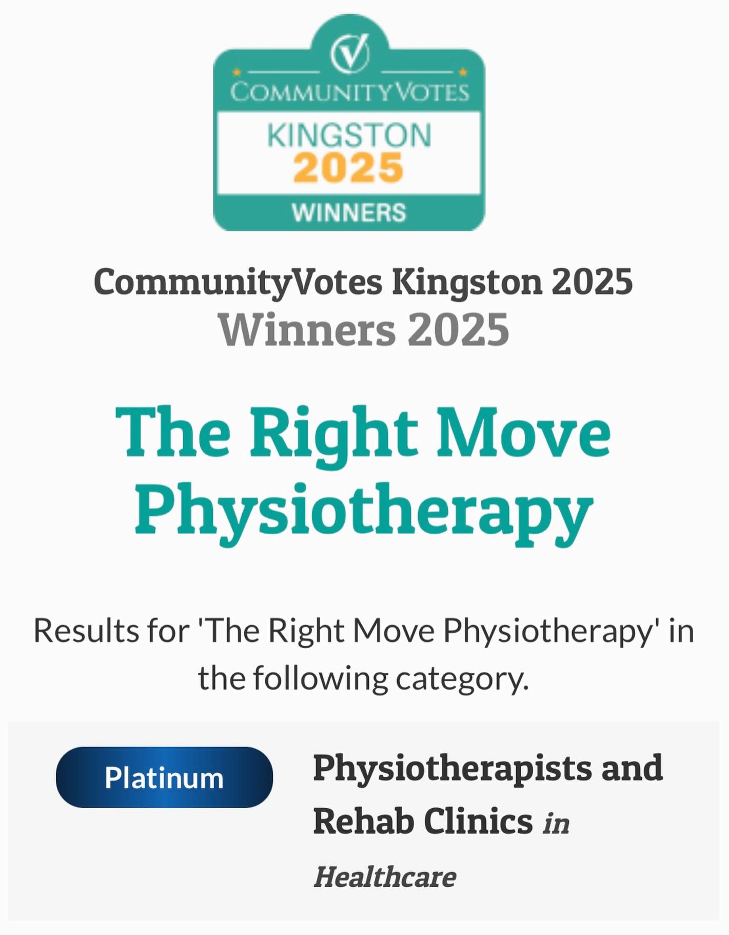 6th year in a row! ⭐️⭐️⭐️⭐️⭐️ Thank you to the Kingston community for another year of voting for us as Kingston’s top physiotherapy and rehab clinic ??