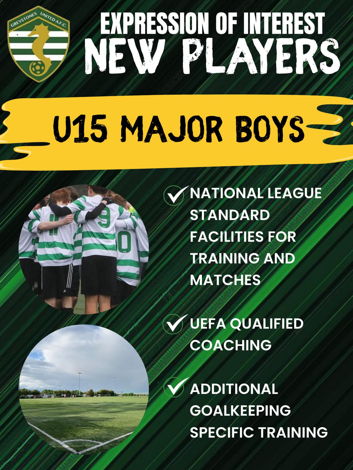 Greystones United AFC are inviting expressions of interest for new players for our U15 Major squad ?⚽️
Players train and play in National League standard facilities, with additional goalkeeper specific training available for goalkeepers.
Interested? Please complete the form through the link in bio.