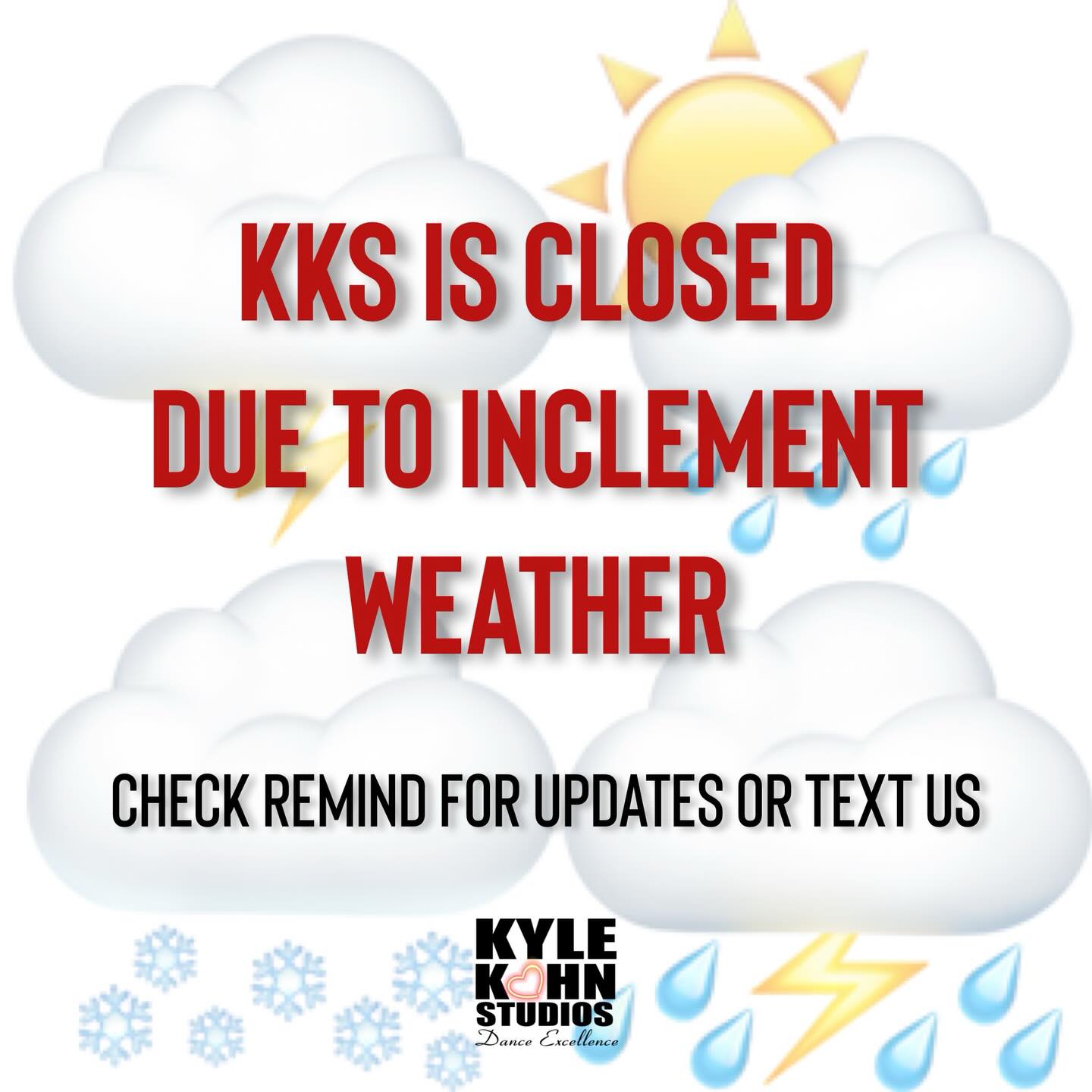 ⛈️⛈️⛈️⛈️⛈️
KKS CLOSURE - INCLEMENT WEATHER
⛈️⛈️⛈️⛈️⛈️
🔘SUNDAY JAN 25th KKS WILL BE OPEN for all scheduled Private Lessons.
🔘MONDAY JAN 26th KKS WILL BE CLOSED due to expected inclement weather.
The National Weather Service has placed Coweta County under a Winter Storm Warning citing travel conditions will not be safe due to snow and ice on Monday.
Safety is top priority & we love our KKS Dance Families. We appreciate everyone’s understanding and thank you!
Awesome! The KKS Team