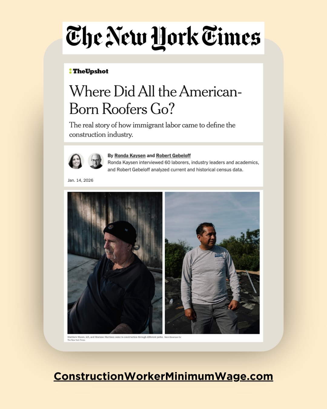 New York Times - “Where Did All the American-Born Roofers Go?” It is a must-read, but don’t worry, we included the highlights. They lay out the clear need for more construction workers.
#CaliforniaLabor #CityofLA #ResidentialConstruction