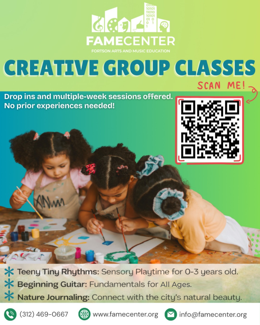 Unlock your creativity at FAME Center! 💚
We have new group classes going till March 21st. Drop-ins are $20 and multiple-week sessions start at $120+ for 7-9 sessions. No prior experience needed for any classes.
✨ Teeny Tiny Rhythms: Sensory Playtime for 0–3 years old
HAPPENING THIS WEEK on Wednesdays OR Saturdays from 9:00–9:45 AM
🎸 Beginning Guitar: Fundamentals for all ages
Saturdays from 11:00–11:45 AM starting Feb. 7
🍃 Nature Journaling: Connect with the city’s natural beauty
Saturdays from 11:00A–12:30 AM starting Feb. 7
📍 1319 S State St, Chicago, IL (FREE Parking)
🔗 Registration in our Bio or visit www.famecenter.org/group-classes
#Chicagoyouth #Blackownedbusiness #GuitarLessons #NatureJournaling #earlychildhoodeducation