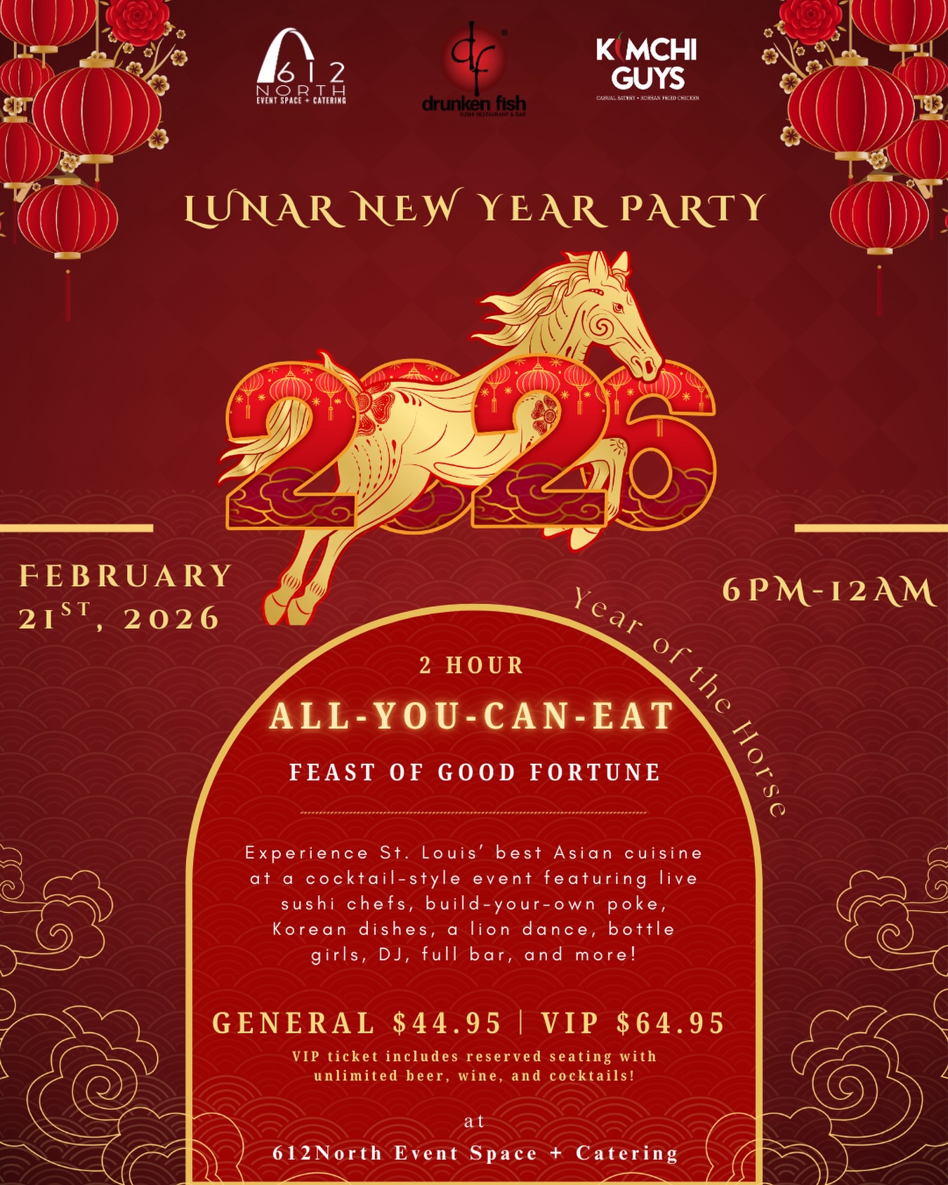 Welcome, Year of the Horse🧧
Come celebrate the Lunar New Year with bold beginnings, good fortune, and fresh energy ✨🐎
✨February 21st, 2026 | 6:00pm-12:00am
📍612 North Event Space and Catering
🍸21+
Indulge in all-you-can-eat Asian-style cuisine, experience vibrant entertainment, and come celebrate the Lunar New Year with your favorite people💌
🎟️Grab your tickets now at 612North.com!