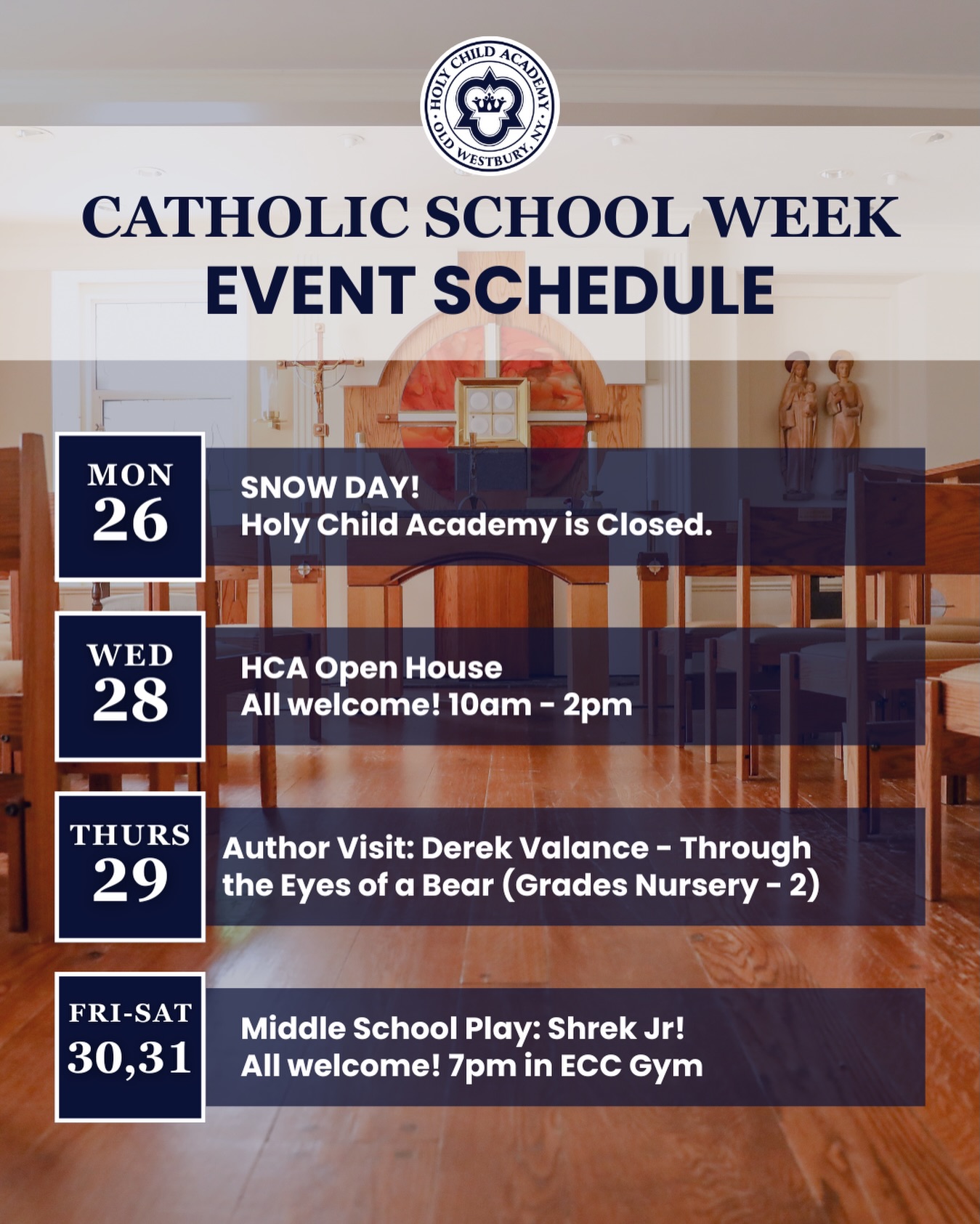 ✨ Catholic Schools Week is underway at Holy Child Academy! ✨
Come join us for our Open House on January 28th for all prospective students, ages 2 through 8th grade.
📚 Author Visit – January 29th
We’re excited to welcome author Derek Valance for a special visit with our youngest learners, inspiring creativity and curiosity. Open to the public.
🎭 Shrek Jr. Middle School Play – January 30th & 31st
Our Middle School students take the stage Friday and Saturday in the ECC Gym. Open to the public.
Catholic Schools Week is a beautiful reminder of all that happens at HCA every day. Come see our community in action!
👉 RSVP for our Open House via the link in our bio
🎟️ Tickets for the play are available on our website