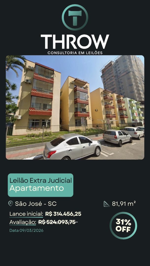 Apartamento com 3 quartos e vaga de garagem no bairro Campinas, São José, em uma das avenidas mais conhecidas da região.
São 81,91 m² privativos, bem distribuídos, em edifício residencial consolidado.
Avaliado em R$ 524.093,75, com 2º leilão a partir de R$ 314.456,25, cerca de 40% abaixo da avaliação.
🔗Fale conosco pelo direct ou clique no link da bio e veja como arrematar imóveis em leilão com segurança, rentabilidade e o suporte completo da Throw Leilões.
#ImóvelEmLeilão #InvestimentoImobiliário #SãoJoséSC #CampinasSC #ThrowLeilões LeilãoDeImóveis