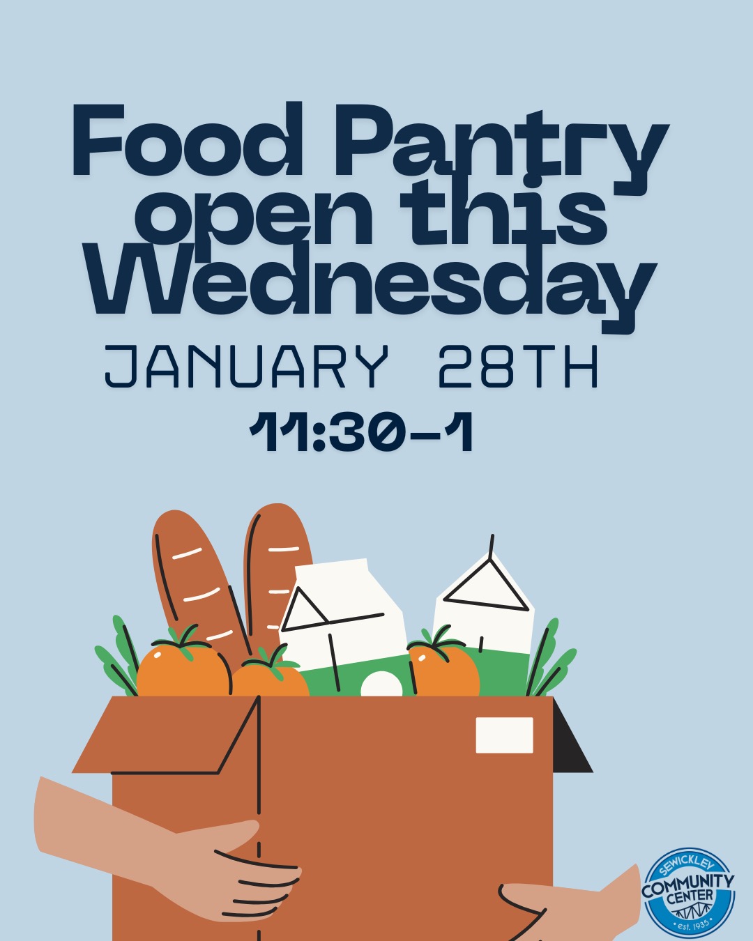 The Sewickley Community Center Food Pantry will be open this Wednesday, January 28th! 11:30am-1 pm!
-
Please stop by! All who need access to food are welcome, in zipcodes 15143, 15056, and 15108!
-
#community #sewickleycommunitycenter #sewickley #community #alleghenycounty #pools #sewickley #communitypools #sewickley #PApools #sewickleyshops #sewickleypa #sewickleyvillage