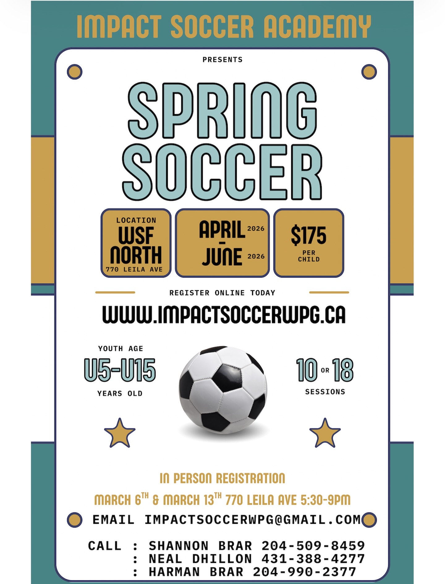 Impact Soccer Boys & Girls Spring Soccer Camp⚽️🥅
Registration is open online for our spring sessions for boys & girls U5 (2021) - U15 (2011). April - June
Join us for 10 or 18 sessions WSF North Indoor Soccer Facility (770 Leila Ave) & Leila North School Our program offers a combination of skills, drills, and games for both community and developmental players. All registrations include a club themed Impact Soccer Shirt!
Registration Online!
Link in bio