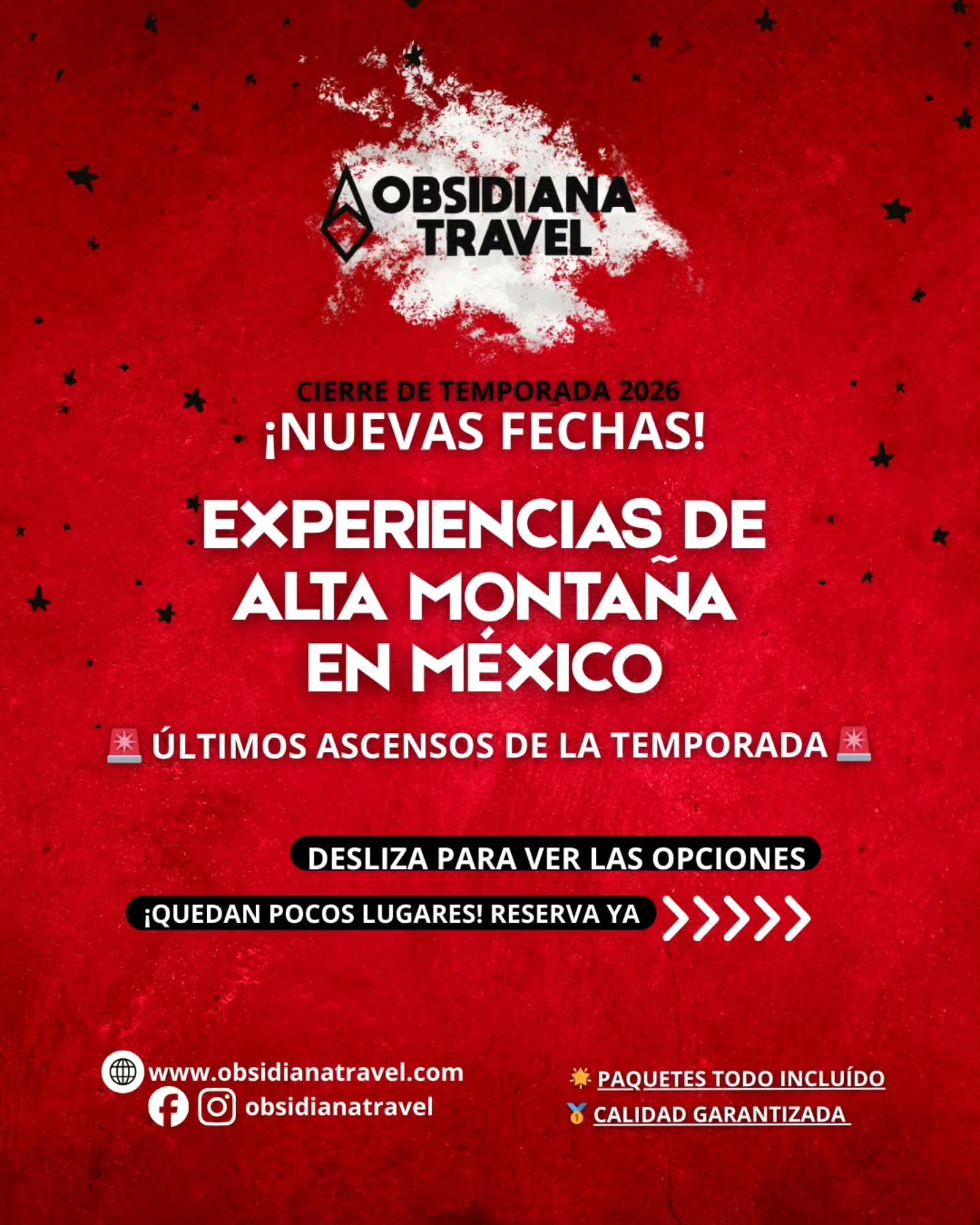 🏔️ ¡LA MONTAÑA NO ESPERA! CIERRE DE TEMPORADA 2026 con Obsidiana Travel 🧗♀️
¡Es ahora o hasta fin de año! Se abren las últimas fechas oficiales para conquistar los gigantes de México antes de que termine la temporada de alta montaña. Los lugares son sumamente limitados y se agotan por orden de reserva.
⚠️ ¡ÚLTIMOS ASCENSOS DEL CICLO! No dejes que se te pase la oportunidad de vivir el glaciar en su mejor momento.
🔥 Nuestras Cumbres Premium (Todo Incluido):
• Pico de Orizaba (Avanzados): La máxima cumbre de México te espera. ¡Solo quedan un par de cordadas disponibles! 🚨
• Iztaccíhuatl (Avanzados): Un reto legendario bajo cielos despejados de fin de temporada. 🚨
• La Malinche (Principiantes): La mejor forma de iniciarte en el alpinismo antes del cierre. 🚨
✨ ¿Cómo asegurar tu lugar antes de que se agoten?
⛰️ELIGE TU RETO: Desliza para ver las fechas confirmadas de febrero a abril.
📅CONSULTA DISPONIBILIDAD: Envíanos un mensaje inmediato; los grupos son reducidos para garantizar tu seguridad y la cumbre.
📱RESERVA TU LUGAR: Asegura tu espacio con tu anticipo vía Transferencia o Depósito (También contamos con 3 MSI). Mínimo 15 dias antes de tu fecha de interés.
¡IMPORTANTE! Al ser los ÚLTIMOS ASCENSOS DE LA TEMPORADA, una vez que se llenen los cupos, las expediciones se cerrarán hasta finales de año. ¡No te quedes mirando las fotos de nuestros magníficos grupos!
🚫 ¿Por qué reservar con Obsidiana Travel?
• Experiencia Aventura Premium (Logística total).
• Guías certificados (Ratios de seguridad 2:1 y 3:1).
• Equipo de alta montaña incluido
• Alimentación de lujo en campamento con toda las comodidades
👇 Envía DM o WhatsApp ahora mismo para bloquear tu lugar antes de que el contador llegue a cero: 📱 +52 55 1963 4006
🚗SALIDAS DESDE CDMX 🚗
#ObsidianaTravel #AltaMontaña #PicoDeOrizaba #Iztaccihuatl #LaMalinche CierreDeTemporada MontañismoMexico AventuraReal