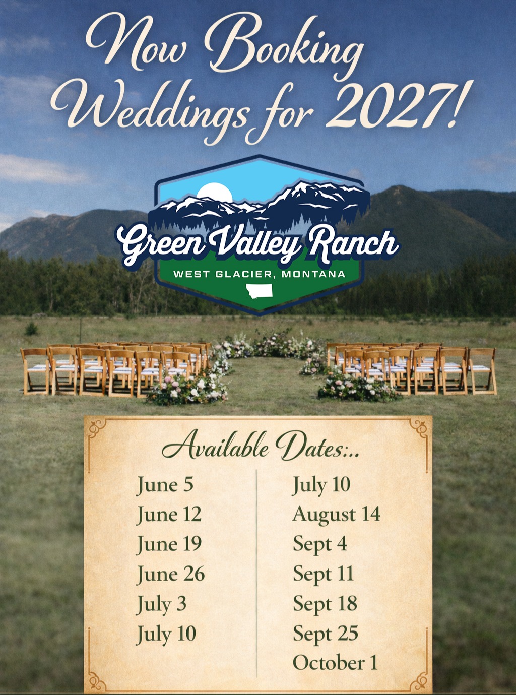 Now booking weddings for 2027! ?
A handful of beautiful summer and fall weekends are still available at Green Valley Ranch.
Mountain views, total privacy, and an unforgettable Montana celebration.
Message us for details + tours! ✨
406.387.9071