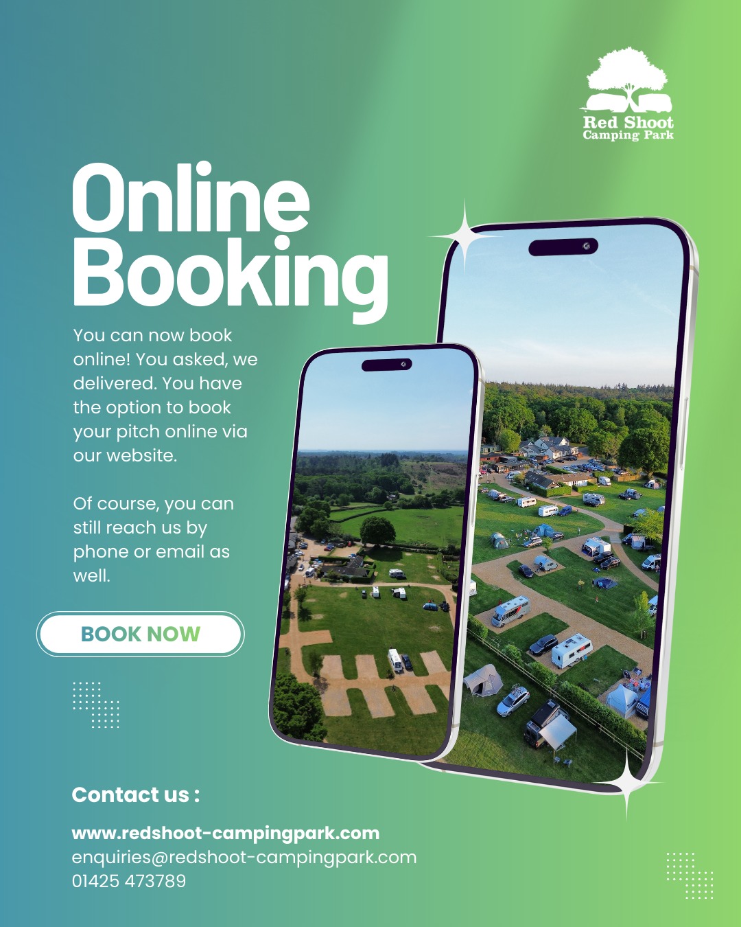 🎉 Exciting News!!! 🎉
You can now BOOK ONLINE and secure your pitch for this season! 🙌 We have a brand new website with a fresh new booking system, and we’re super excited to roll it out! 🥳 Please bear with us as we get used to the new system and make sure everything runs smoothly. ⏳
We know you’ve been waiting for this, and now it’s here! But don’t worry, you can still email or call us to book if you prefer. 📧📞
If you encounter any issues with the system, we’d really appreciate it if you could email us at enquiries@redshoot-campingpark.com
and let us know. We’re appreciate your feedback during this launch phase! 😊
Happy booking! 💻
#NewWebsite #NewBookingSystem #BookOnline #RedShootCampingPark