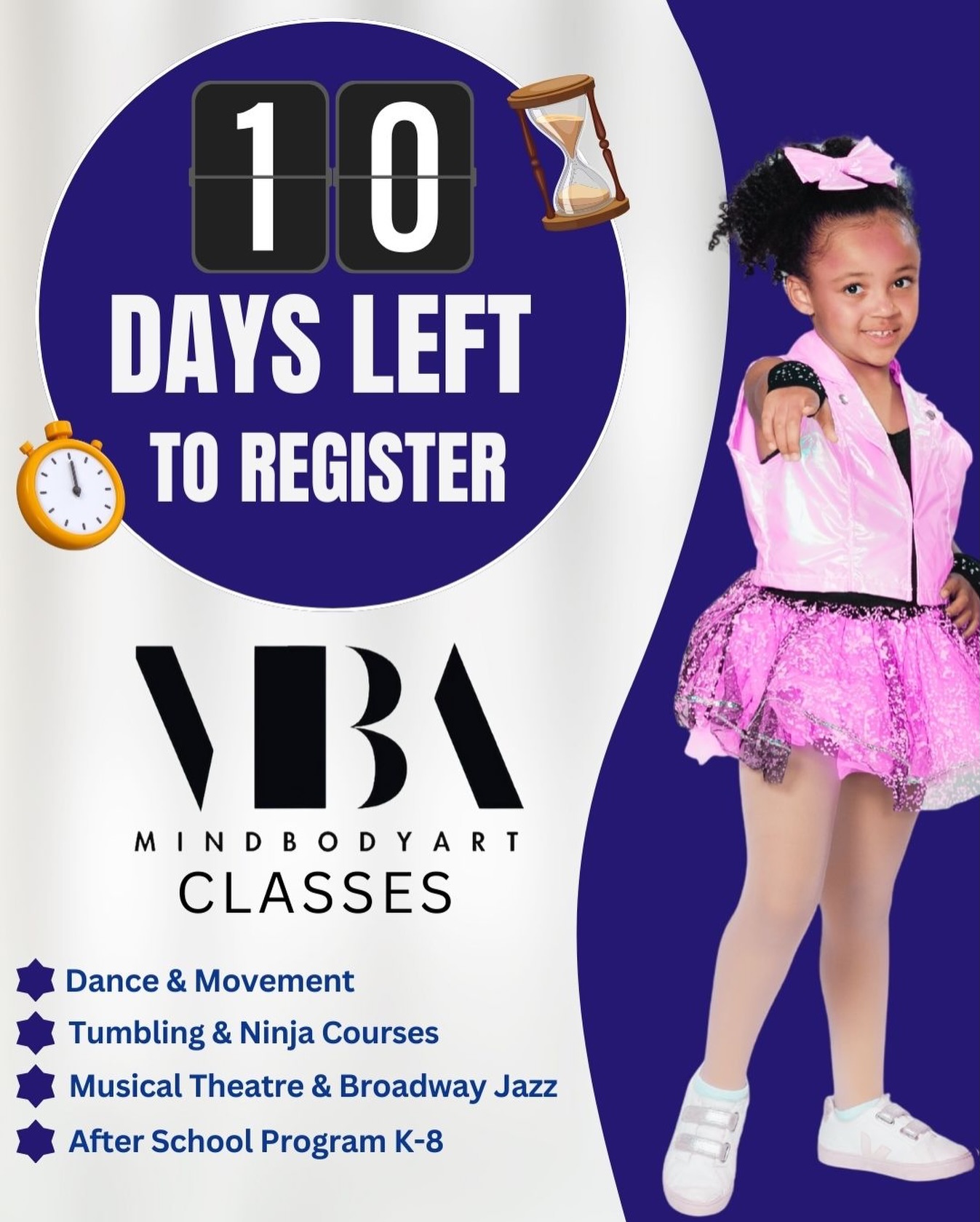 The countdown is on!ā° There are 10 days left to register for classes at MindBodyArt! š Spring Enrollment closes Friday, February 13! Donāt wait! Weād love for you to join us!
Dance, tumble, move, and shine with us āØ
