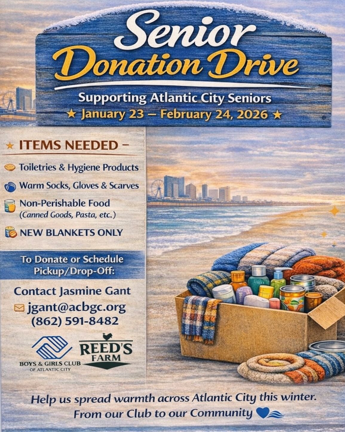 We are collecting items for seniors in our area, in collaboration with The Boys and Girls Club of Atlantic City! You can drop off the items above at Reed’s Farm, during the hours of 9am-3pm, Thursday-Sunday until February 22nd!