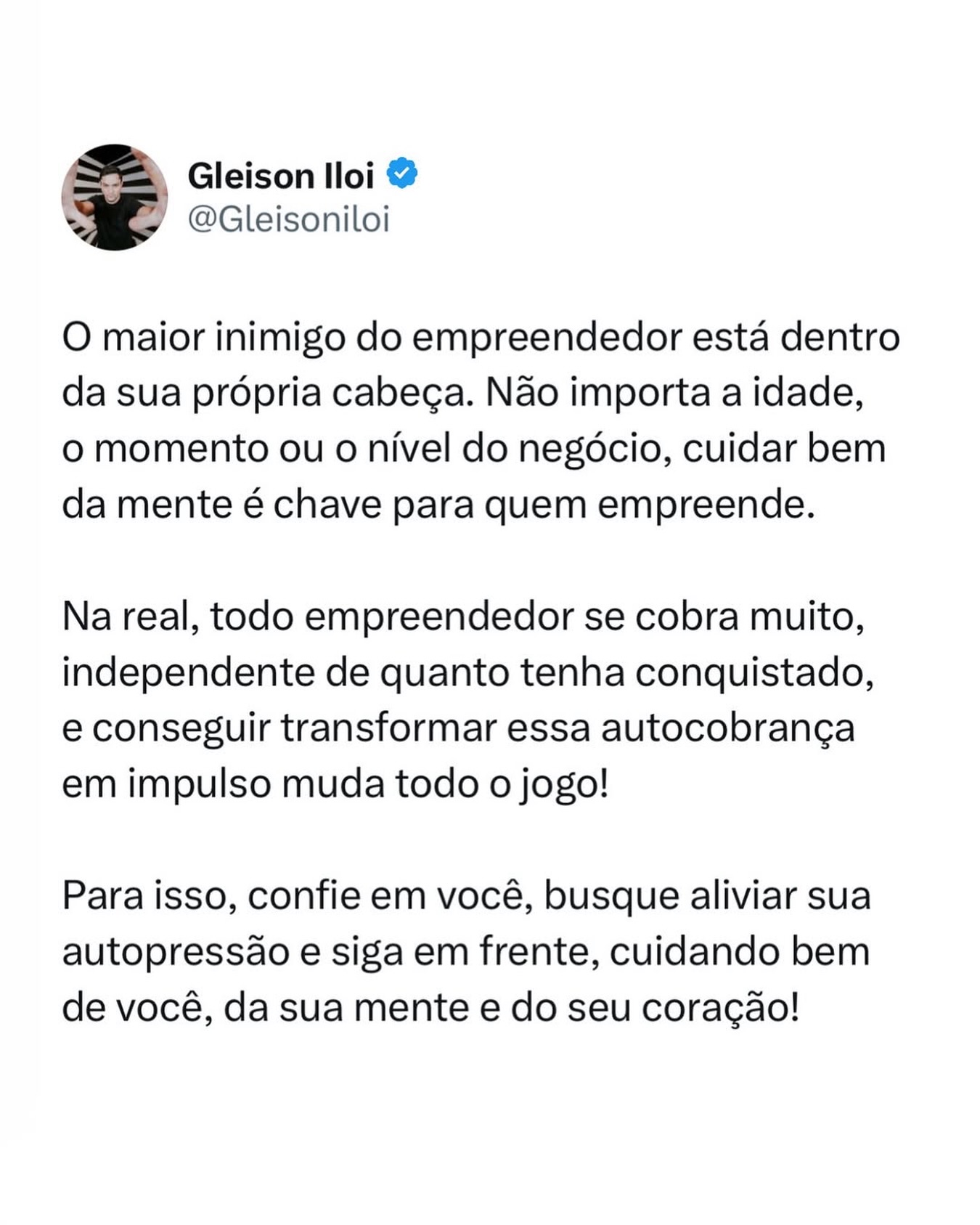 Leveza na Vida! Isso é a primeira coisa que trabalho com cada um dos meus mentorados, sempre. E faço isso porque estar bem é o ponto inicial para que muito toco e importantes movimentos sejam teitos no negócio, e aí resultados consistentes e crescentes são consequência.
Eu não sei qual o seu momento, quais seus desafios ou o que você vem encarando, mas eu posso te afirmar que quando você conseguir equilibrar seu estado emocional, estando bem consigo mesmo e se sentindo livre de padrões, comparações e julgamentos, tudo irá acelerar muito fortemente.
Como mentor eu tenho a honra de mentorar pessoas incríveis e todos, absolutamente todos os meus mentorados, nesses 10 anos, que conseguiram atingir um nível de leveza pessoal, equilibrando o emocional, aprendendo a ligar o fod*-se para o que não importa, se libertando da opinião alheia, definindo desafiadores alvos e concentrando energia na própria jornada, autocuidado e evolução, como resultado disso tudo construíram e seguem construindo grandes resultados. Grandíssimos resultados!
É por isso que eu desejo demais que você busque sair de toda e qualquer trava emocional ou mental que ainda possa te segurar e, a partir disso encontre a leveza e a liberdade para seguir seu caminho e construir seu legado! Isso sera transformador.
E se você sente que precisa de apoio e direção para encontrar esses caminhos, saiba que pode contar comigo, será uma honra estar ao seu lado na sua construção de resultados crescentes com leveza e propósito! Te espero no link da bio ??