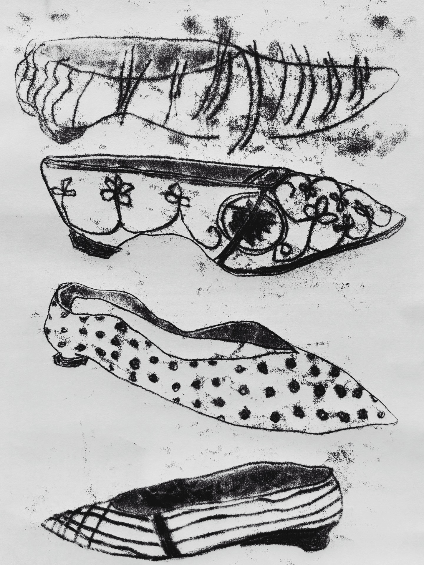 Three Size Sevens and A Six, trace monotype on Washi paper, 50x70cm. #drawingmatters #slippers #tracemonotype #washipaper #emptyvessels
