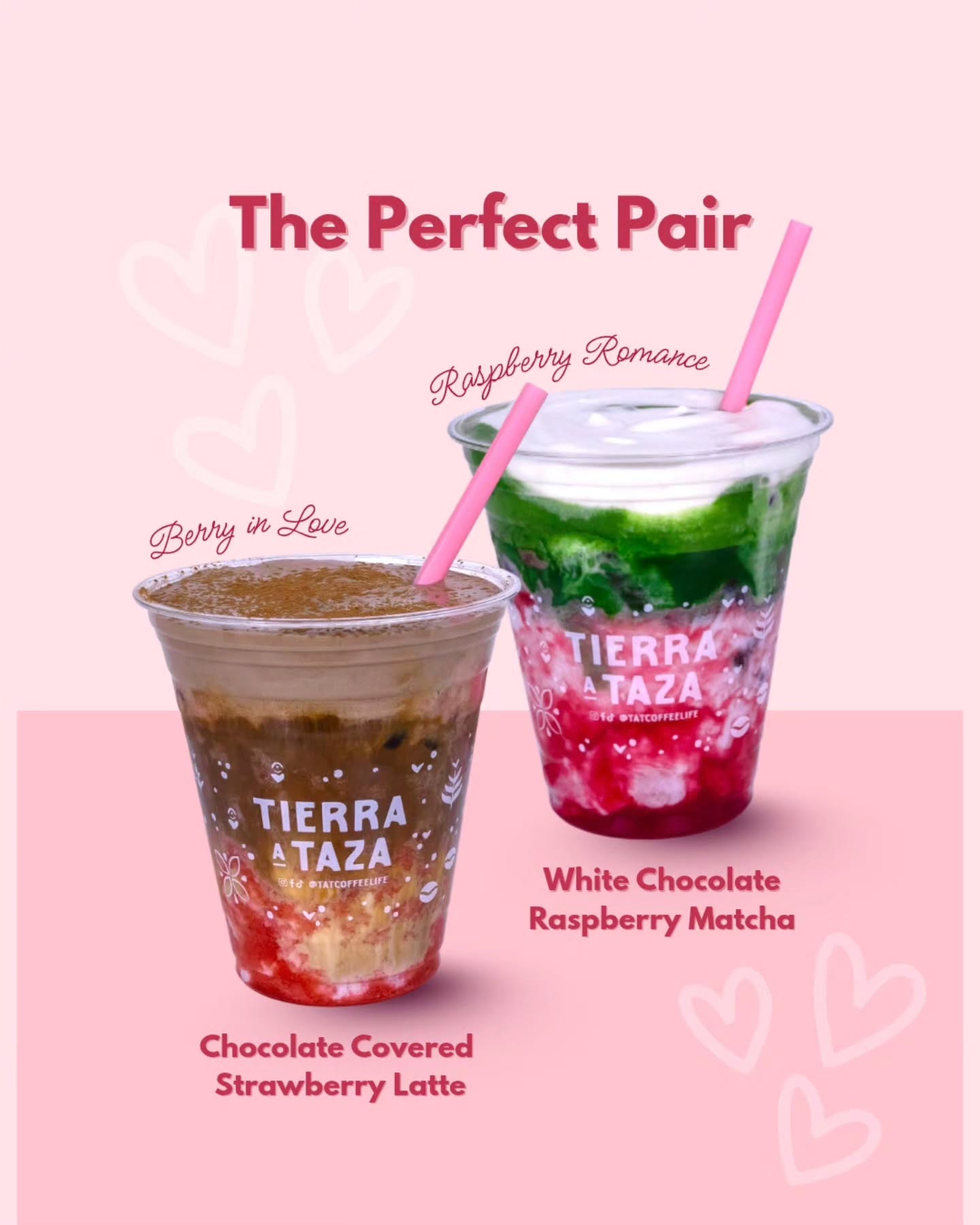 Fall in love with the Perfect Pair, available February 1–14 only! 💘
🍓 Berry in Love: Real strawberry compote (made in-house!), espresso, and chocolate cold foam.
🍵 Raspberry Romance: Raspberry syrup (made in-house) and premium matcha topped with white chocolate cold foam.
Come treat yourself before they're gone! ✨
#tatcoffeelife #valentineday #coffeelover #matcha #dallascoffee