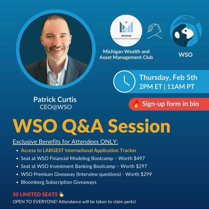 Don’t miss this!
We’re teaming up with @wallstreetoasis for an exclusive Q&A with Patrick Curtis, CEO of WSO.
Limited seats available - sign up via the link in our bio!