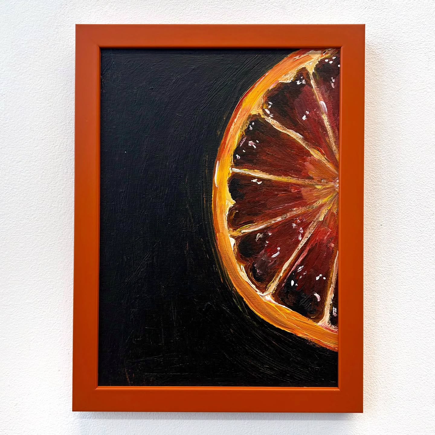 Blood Of The Night painting on canvas by Grace Tanner in an orange frame to match ???
#westlondongallery #bespokeframing #framedcanvas #bloodorange