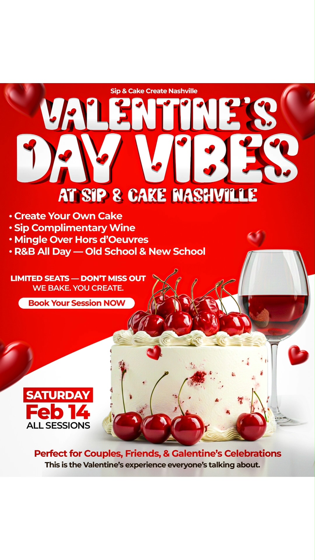 Love is sweet, and so is your Valentineโs plan โค๏ธ Join us at Sip & Cake Create Nashville for Valentineโs Day Vibes filled with creativity, flavor, and fun.
Design your own cake, sip complimentary wine, enjoy delicious hors dโoeuvres, and vibe to R&B hitsโold school and new. Perfect for couples, friends, or Galentineโs celebrations. Seats are limited, so donโt wait.
We bake, you createโmemories included. Book your session now and make this Valentineโs unforgettable. ๐ฐ๐ท๐
.
.
๐ณ๐๐๐๐ ๐ด๐๐๐ ๐๐ป ๐ณ๐๐๐ ๐๐ ๐๐๐ ๐ฉ๐๐๐
๐ญ๐๐๐๐๐ ๐๐ ๐๐ป @sipandcakecreatenashville
.
.
#sipandcakecreatenashville #CakeArt #CakeDesign #CreativeBaking #CakeDecoratingFun #BakeAndCreate #EdibleArt #CakeTime #BakersOfInstagram #NashvilleEvents #SweetCreations #CakeStudio #CreateAndCelebrate #CustomCakes #CakeInspiration #SweetMoments #BakingExperience #CakeDecorators #FunWithFrosting #YourCakeYourArt