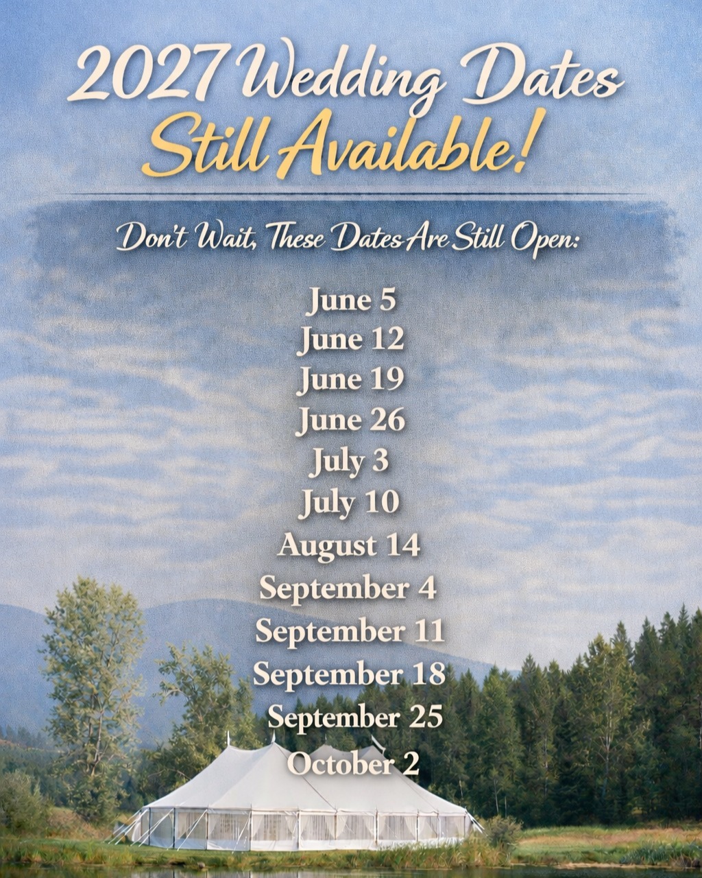✨ 2027 Wedding Dates Are Filling Fast! ✨Love is in the air ❤️ — and so are our 2027 wedding dates!
Don’t wait to lock in your dream day at the most beautiful venue in the West. These dates are going fast:
? June: 5, 12, 19
? July: 3, 10
? August: 14
? September: 4, 11, 18, 25
? October: 2
Your perfect wedding deserves the perfect setting — and these dates won’t last long. Call us or schedule a tour today to claim your spot!
Ask for Mike: 406.387.9071