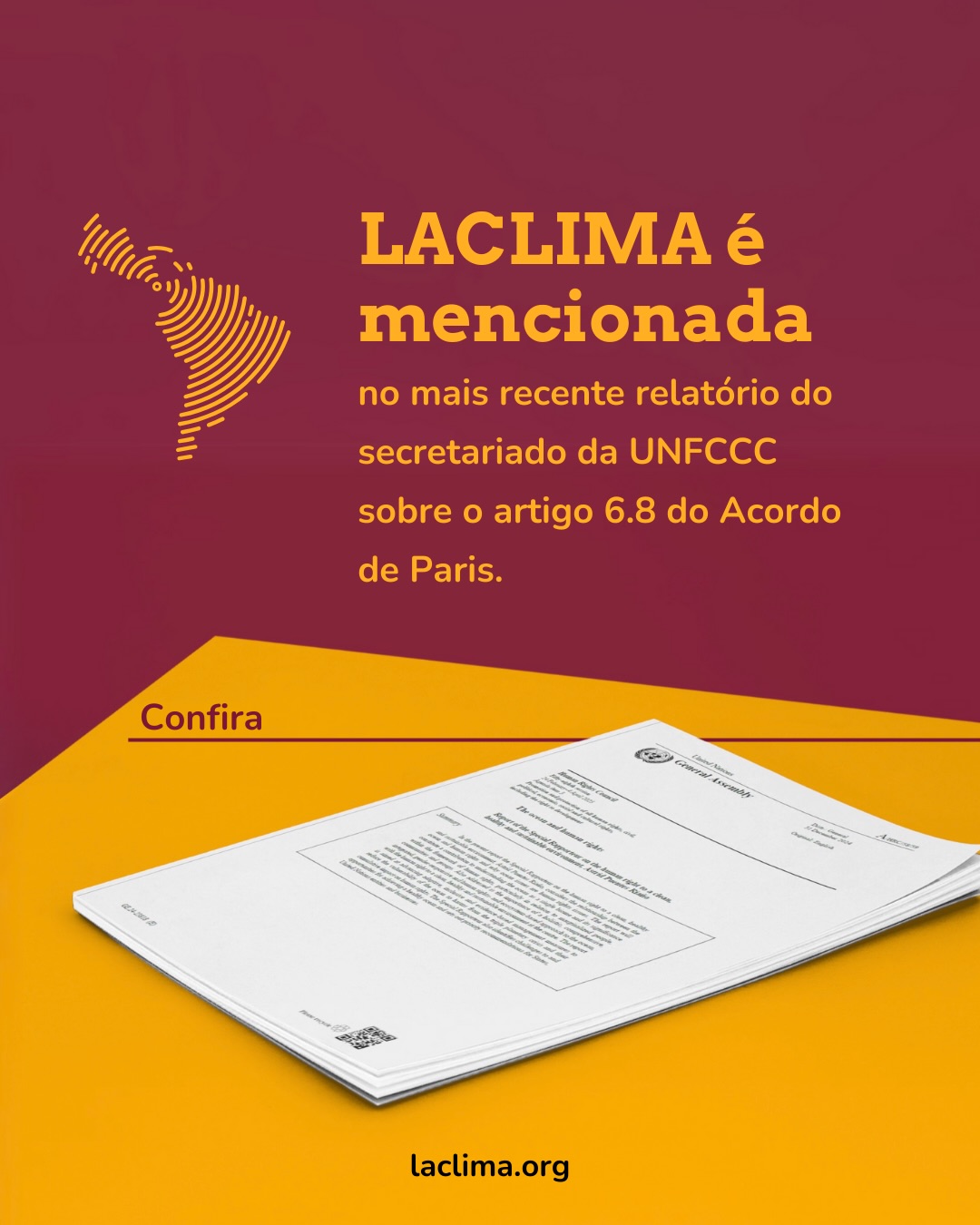 Parabéns, equipe! 👏
A LACLIMA foi mencionada em relatório oficial da Convenção-Quadro das Nações Unidas sobre Mudança do Clima (UNFCCC), reforçando o reconhecimento internacional do nosso trabalho no fortalecimento da governança climática.
No documento, a LACLIMA aparece como organização provedora de suporte para o desenvolvimento e a implementação de abordagens não mercadológicas, no âmbito do Artigo 6.8 do Acordo de Paris. O relatório destaca, especialmente, a nossa atuação em:
• Apoiar governos e diferentes atores na identificação e estruturação de iniciativas climáticas;
• Ampliar a compreensão e o uso da Plataforma de Abordagens Não Mercadológicas;
• Auxiliar processos de submissão e desenvolvimento de iniciativas alinhadas às Contribuições Nacionalmente Determinadas (NDCs).
Entre os exemplos apresentados, foram mencionados programas de educação e conscientização ambiental, esquemas de pagamento por serviços ecossistêmicos, estratégias de transição justa e iniciativas de economia circular.
Registramos um agradecimento especial ao trabalho da Juliana Marcussi, da Julia Stefany Lima e do Yago Freire, que foram fundamentais na construção e organização do workshop apresentado na COP 30.
Essa menção evidencia o papel da LACLIMA na promoção da cooperação internacional para o enfrentamento das mudanças climáticas.