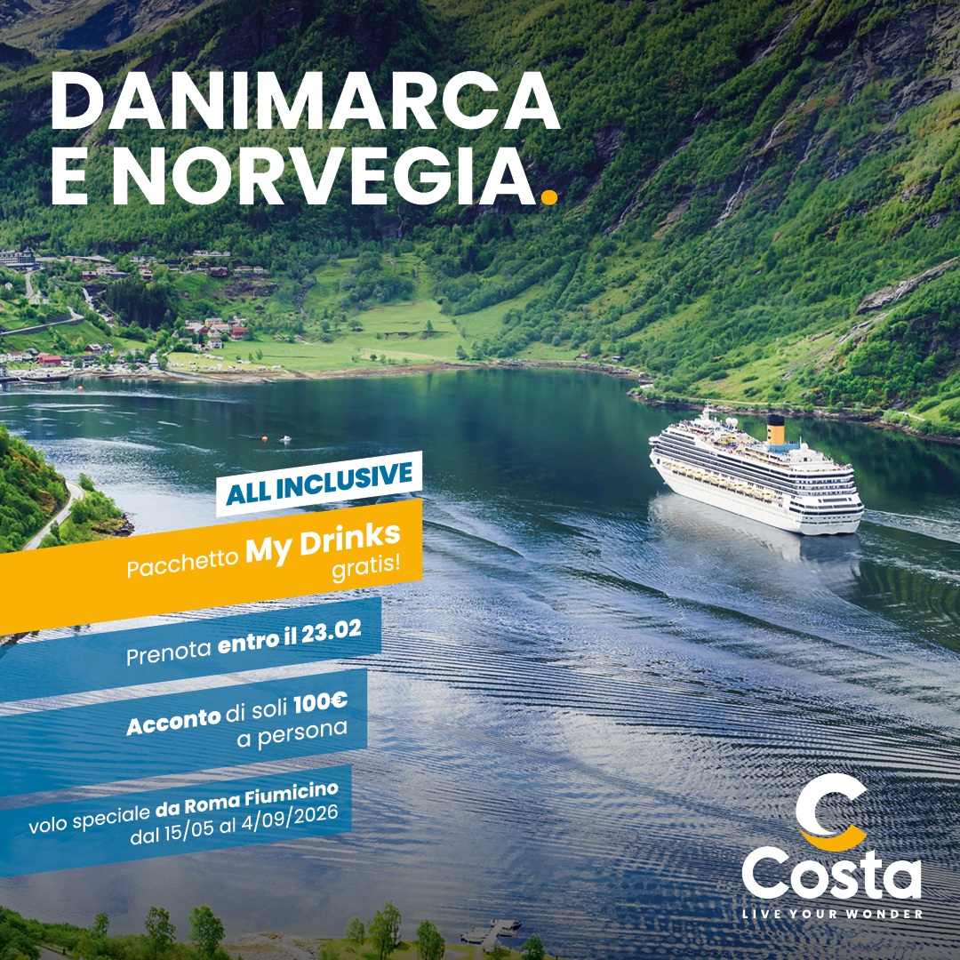 CTA 1 post Nord EU singoli APT
? Il Nord Europa ti chiama: tu esci di casa, al resto pensiamo ci pensa Costa
✈️ ?Parti in crociera verso i Fiordi da Roma Fiumicino. Con la formula Fly&Cruise, raggiungi comodamente il porto d'imbarco
?Prenota ora! Fino al 23 febbraio, pacchetto My Drinks GRATIS ?e acconto di soli 100€ a persona
? Contattaci o passa in Agenzia