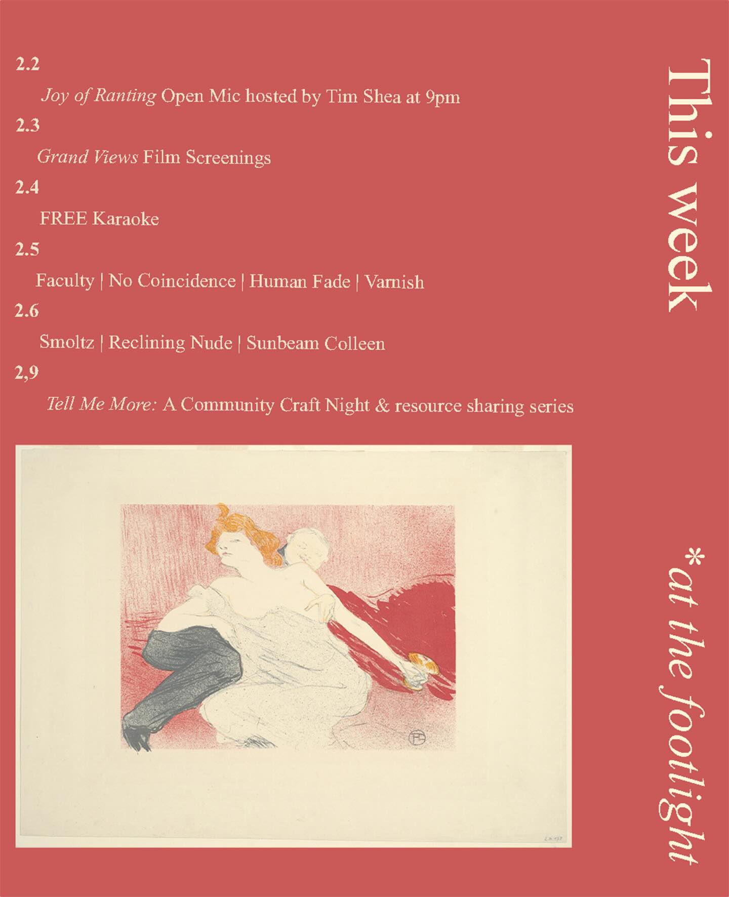 EVERY MONDAY: “The Joy of Ranting”, a mixed medium open mic guest hosted by @timshea101 Sign up starts at 8:45PM, show starts around 9PM. Impress us with your weird and win $5
2.3 Grand Views Film Screening (@youshouldgointoradio91)
Wail’n WEDNESDAY 7pm piano bar with @nick_prez 9pm FREE Karaoke (@miss.nora.knox)
2.5 Faculty | No Coincidence | Human Fade | Varnish (@facultyband @nocoincidenceny @humanfadeli @varnish_nyc)
2.6 Smoltz | Reclining Nude | Sunbeam Colleen (@smoltztheband @recliningnude @sunbeamcolleen)
2.7 Ridgewood Rides Movie Night 7pm @ridgewoodrides
2.8 Superbowl Party hosted by @thewindjammer #gopats
Graphics by @_your_blue_star
#independentvenue #supportsmallbusiness
Next Monday we start our monthly resource share community Craft club, “Tell Me More”. Bring a craft and a skill to share! 6-9pm 2nd Mondays monthly.