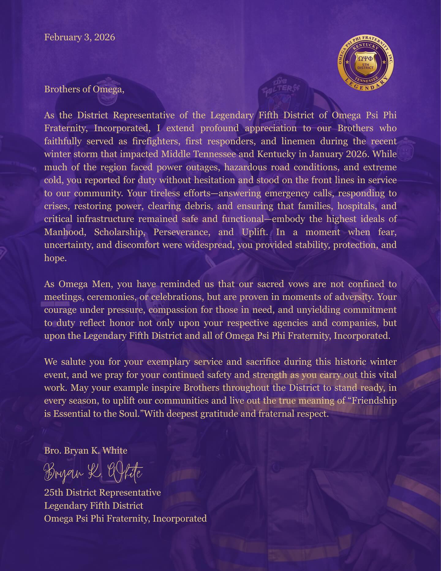 Kentucky and Tennessee. A heartfelt “thank you” to the firemen who are also Omegas- from the 25th District Representative, Bro Bryan K. White. #onwardandupwardwearethefifthdistrict
#Legendary5thDistrict #Service #5thD #Legendary MovingThe5thForward OmegaPsiPhi
5thdhistory @officialoppf @thelegendary5th