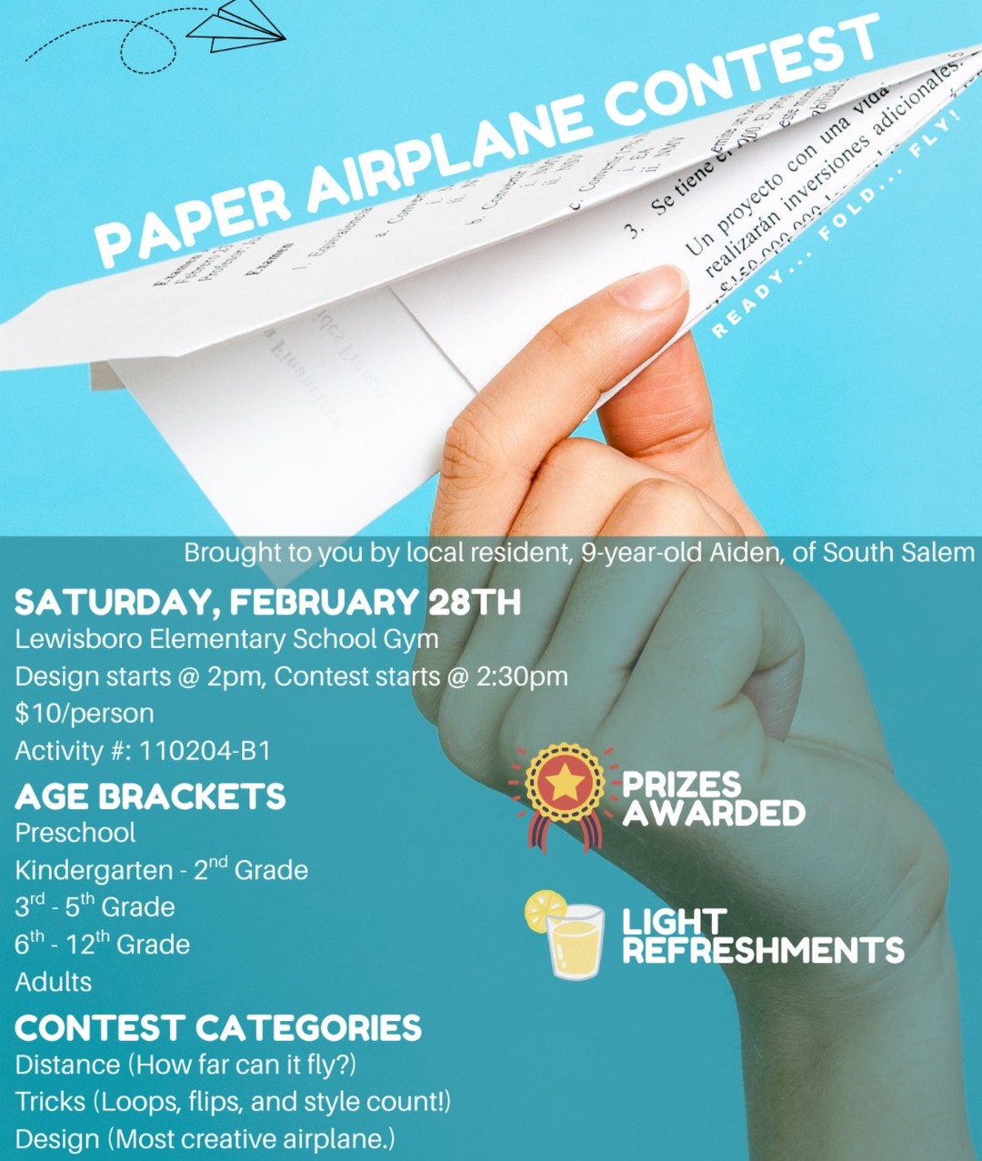 Join us for a Paper Airplane Contest on February 28th at LES, led by 9-year-old resident, Aiden! You can make your plane on-site (supplies provided) or at home prior to the contest. Design begins at 2:00pm, contest takes off at 2:30pm. Prizes will be awarded & there are 5 different age brackets in which to compete! Aiden & Lewisboro Parks & Rec hope to see you there. 🛬