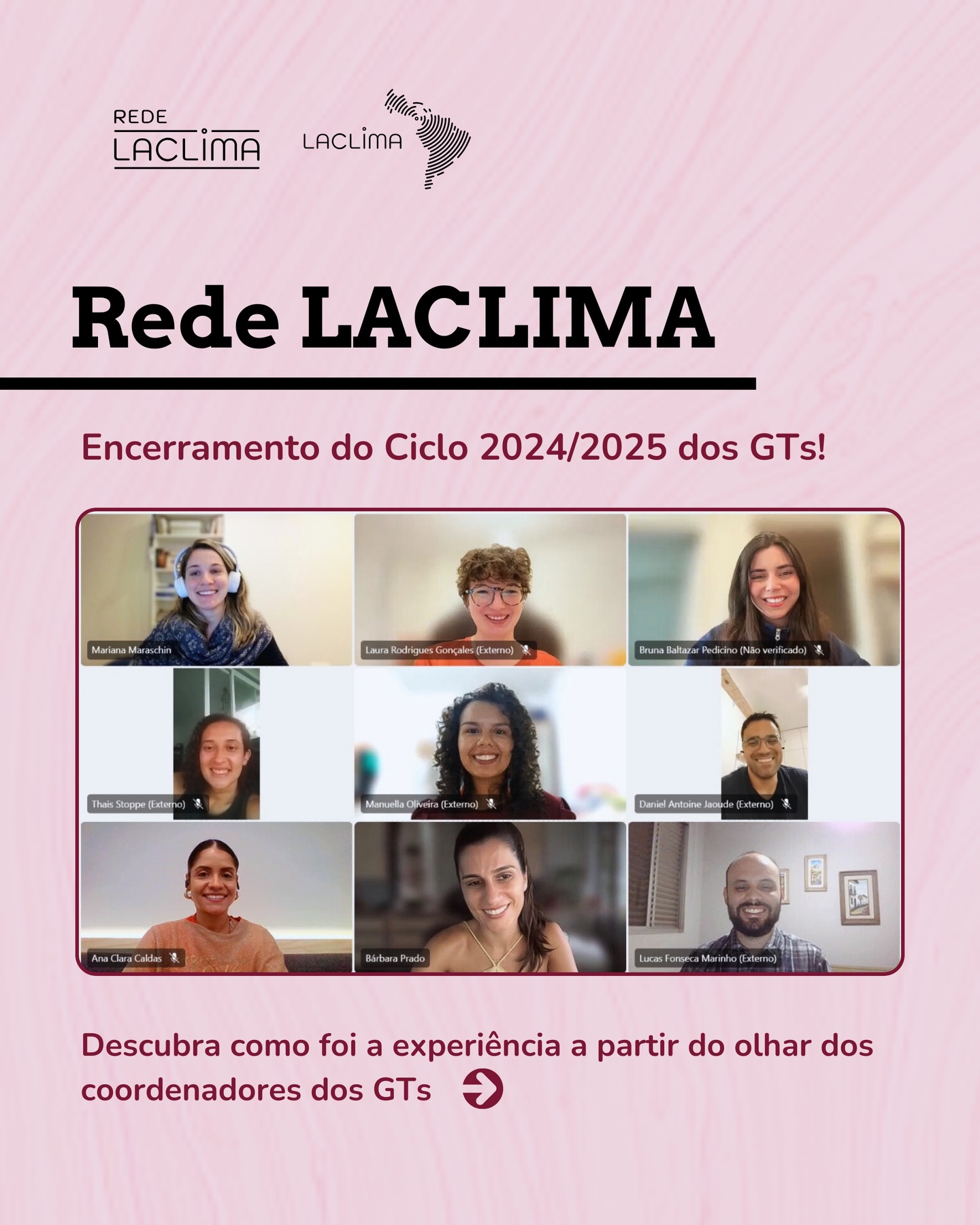 Descubra como foi a experiência do último ciclo de GTs da Rede LACLIMA a partir do olhar dos coordenadores(as) dos grupos de trabalho 🌎⚖️
Encerramos esse ciclo com a certeza de que os GTs da Rede LACLIMA são espaços fundamentais de construção coletiva, troca qualificada e fortalecimento do debate jurídico climático. Os depoimentos refletem o empenho, a dedicação e a potência desses encontros construídos a muitas mãos.
Agradecemos a todas as pessoas que participaram ativamente, contribuindo com tempo, conhecimento e compromisso. Seguimos para um novo ciclo, com aprendizados consolidados e o entusiasmo de continuar avançando juntos. ❤️
➡️ Em breve iniciaremos o Ciclo de 2026.
Se você já é integrante da Rede LACLIMA, fique atento(a) às comunicações no E-mail e WhatsApp!
E se você ainda não faz parte, saiba mais em www.laclima.org/rede